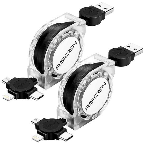 3.3ft 2-Pack Retractable Multi Charger Cable: Fast Charging for iPhone, Samsung, iPad & More - Lightning, Micro, Type C