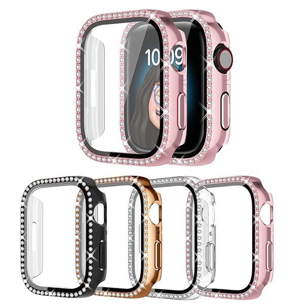 4 Pack Bling Case for Apple Watch SE 3 SE 2 SE 6 5 4 40mmm, Glitter Rhinestone Diamonds Protective Case with Tempered Glass Screen Protector