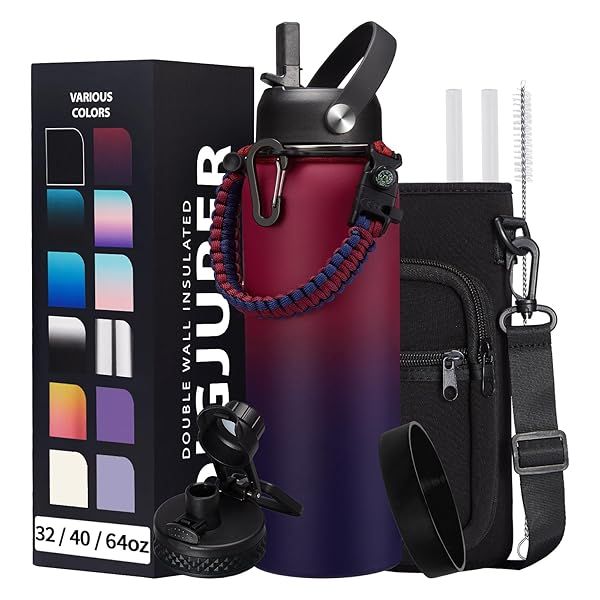 40OZ Stainless Steel Water Bottle with Straw and Spout Leak Proof Insulated Jug for Gym Workout with Paracord Handle and Storage Sleeve