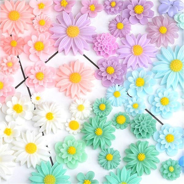 44 Pack Flower Resin Charms - Daisy & Peony Flatback Beads for Jewelry, Scrapbooking, Phone Cases & Fairy Garden Decor