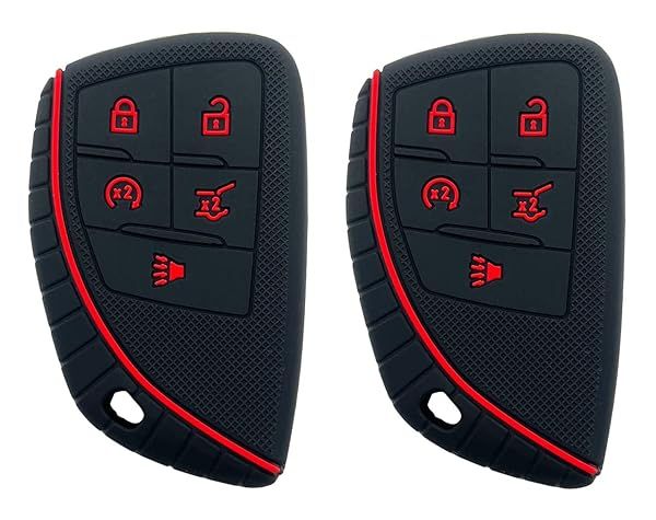 5 Buttons Silicone Smart Key Fob Cover Fit for GMC Sierra 1500 Chevy Silverado 1500 2500HD 3500HD (Black with red 2PCS)