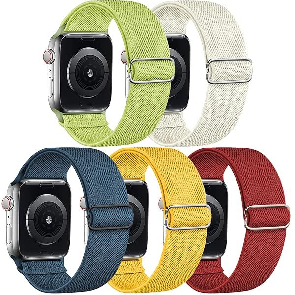 5 Pack Stretchy Nylon Band Compatible with Apple Watch Bands 40mm 41mm 42mm 44mm 45mm 46mm 49mm 38mm for Women Men, Braided Solo Loop Strap for