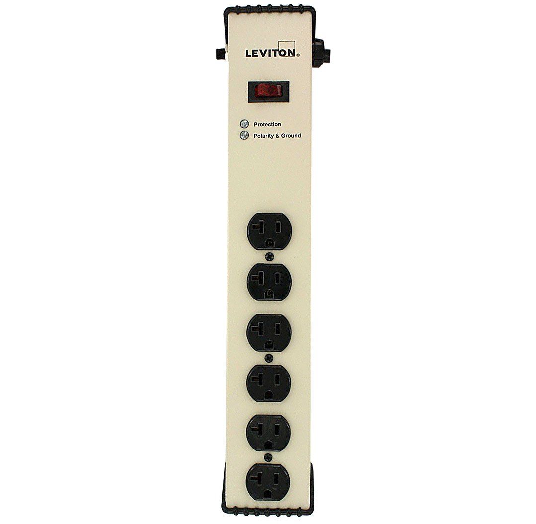 Leviton 5100-IS2 Surge Protected 6-Outlet Power Strip - 120V, 20A, Heavy Duty, 6-Ft Gray with Switch