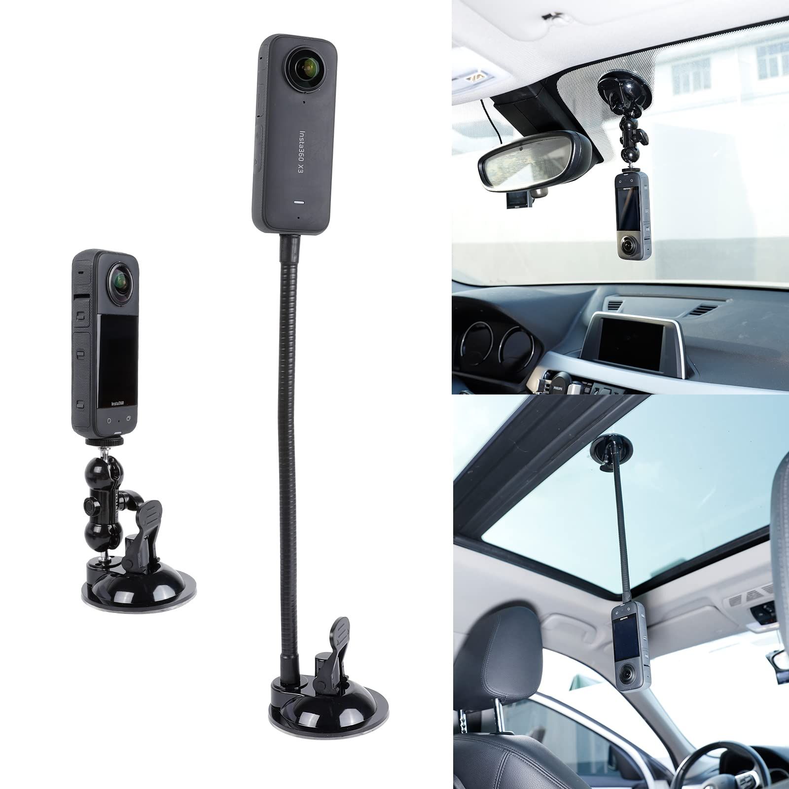 PellKing Suction Cup Mount for Insta360 X3/X2/X & GoPro - 27cm Extension Tube & Double Ball Head Adapter