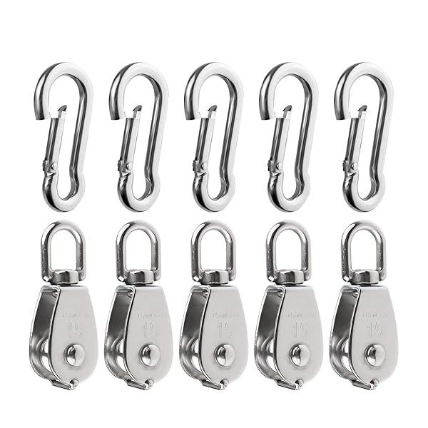 5Pcs 304 Stainless Steel M15 Single Pulley Block and Spring Snap Hook Set for Wire Rope Hanging and Towing