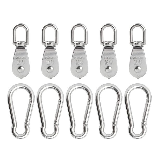 5Pcs 304 Stainless Steel M20 Single Pulley Block and Spring Snap Hook Set for Wire Rope Hanging and Towing