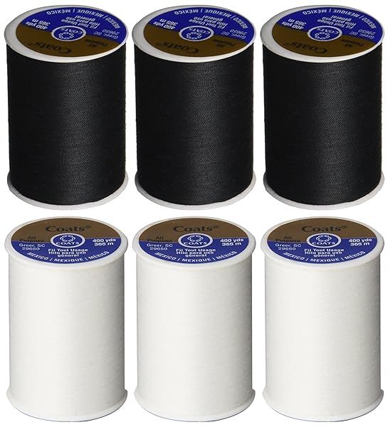 Coats & Clark Dual Duty Thread 6 Pack Bundle: 3 Black & 3 White 400 Yard Spools for All-Purpose Sewing