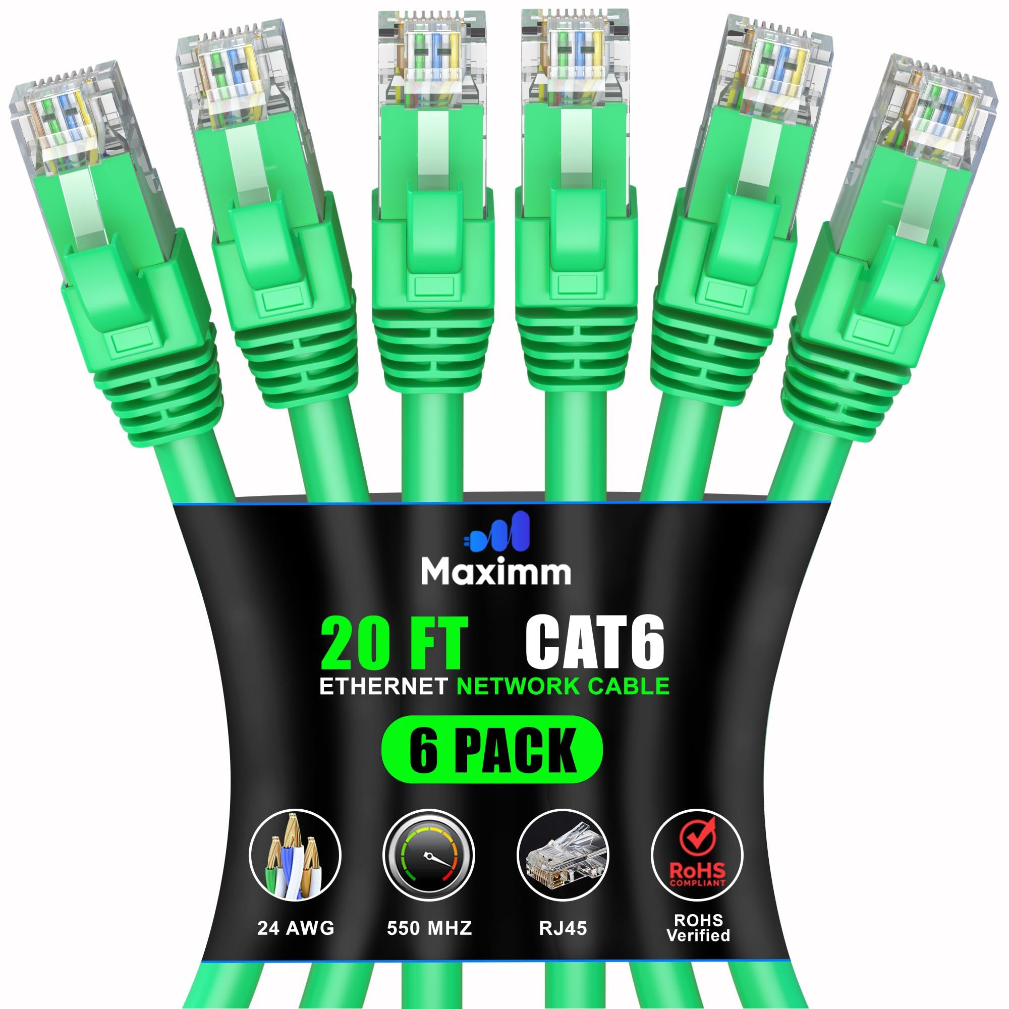 Maximm Cat 6 Ethernet Cable 20ft (6-Pack) - High-Speed 10Gbps LAN & Network Cable - UTP, 550MHz, Green