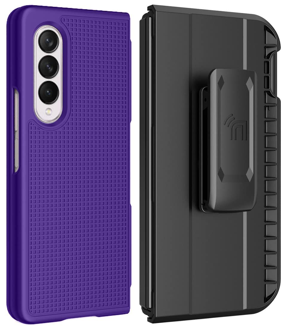Galaxy Z Fold 3 Case with Clip & S Pen Slot - Slim Hard Cover & Rotating Holster Combo in Purple | Nakedcellphone