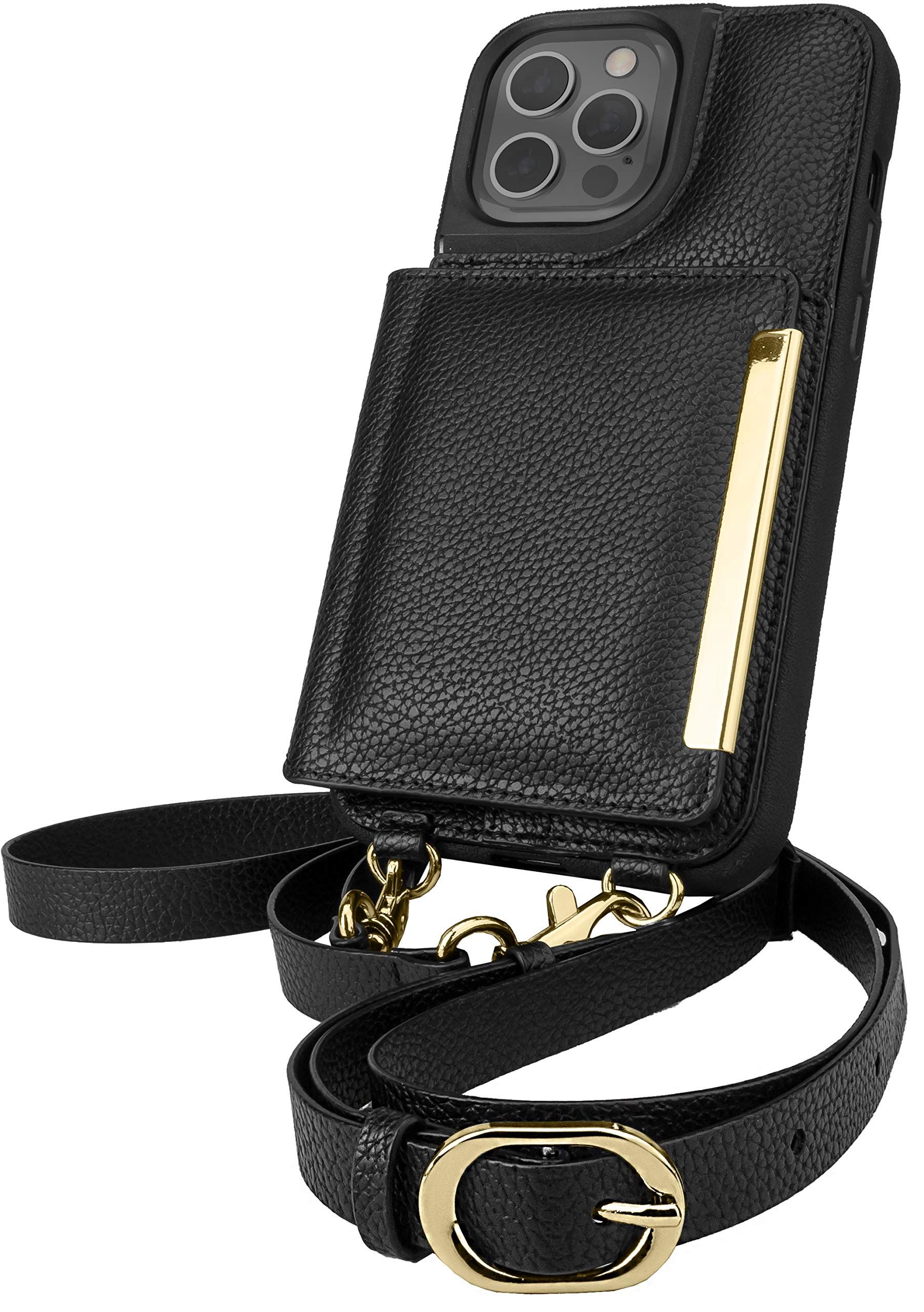 Smartish iPhone 12 Pro Max Crossbody Case for Women - Stylish Black-Gold Purse with Detachable Strap & Card Holder