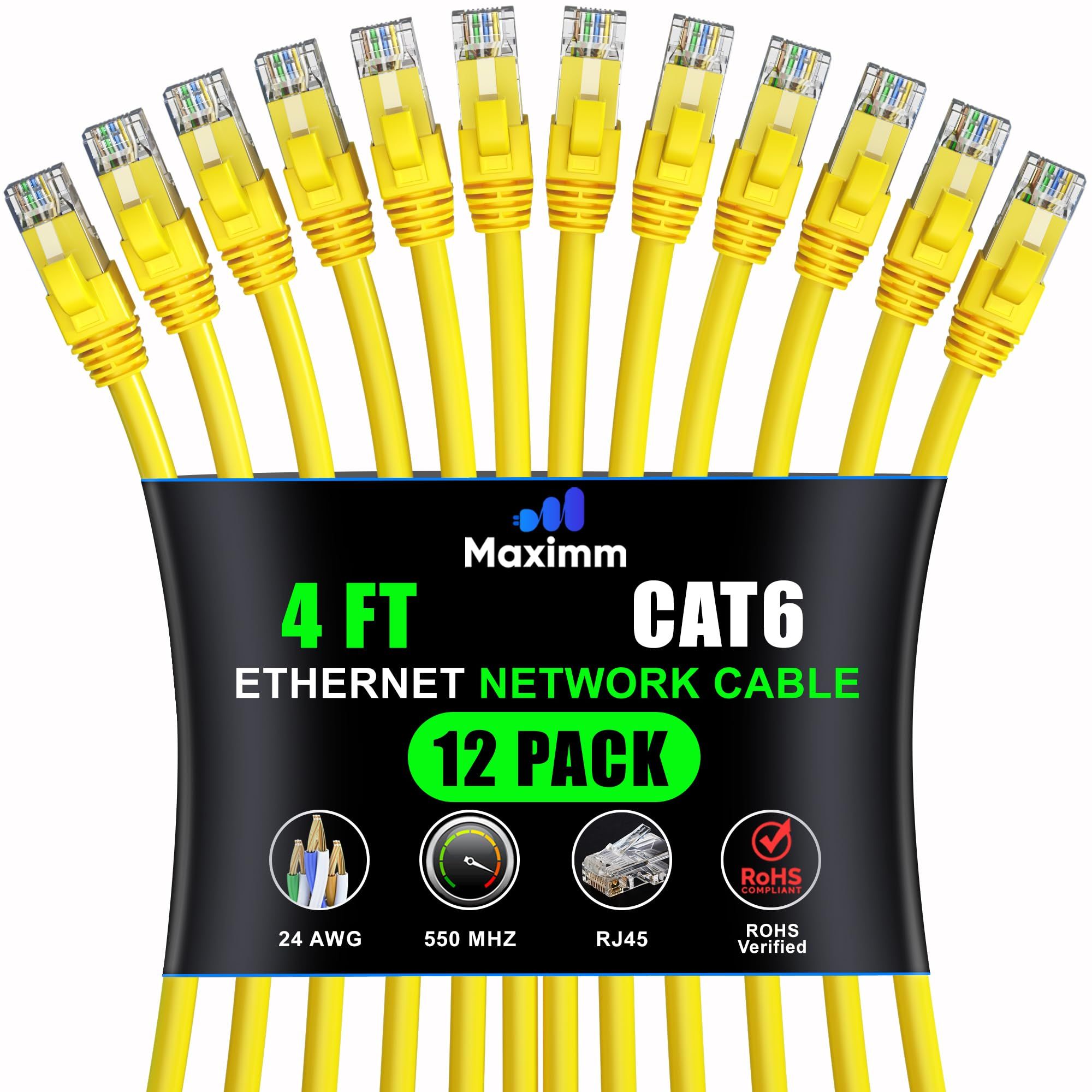 Maximm Cat 6 Ethernet Cable 4ft (12-Pack) - High-Speed 10Gbps LAN & Network Cable - Yellow UTP Patch Cord