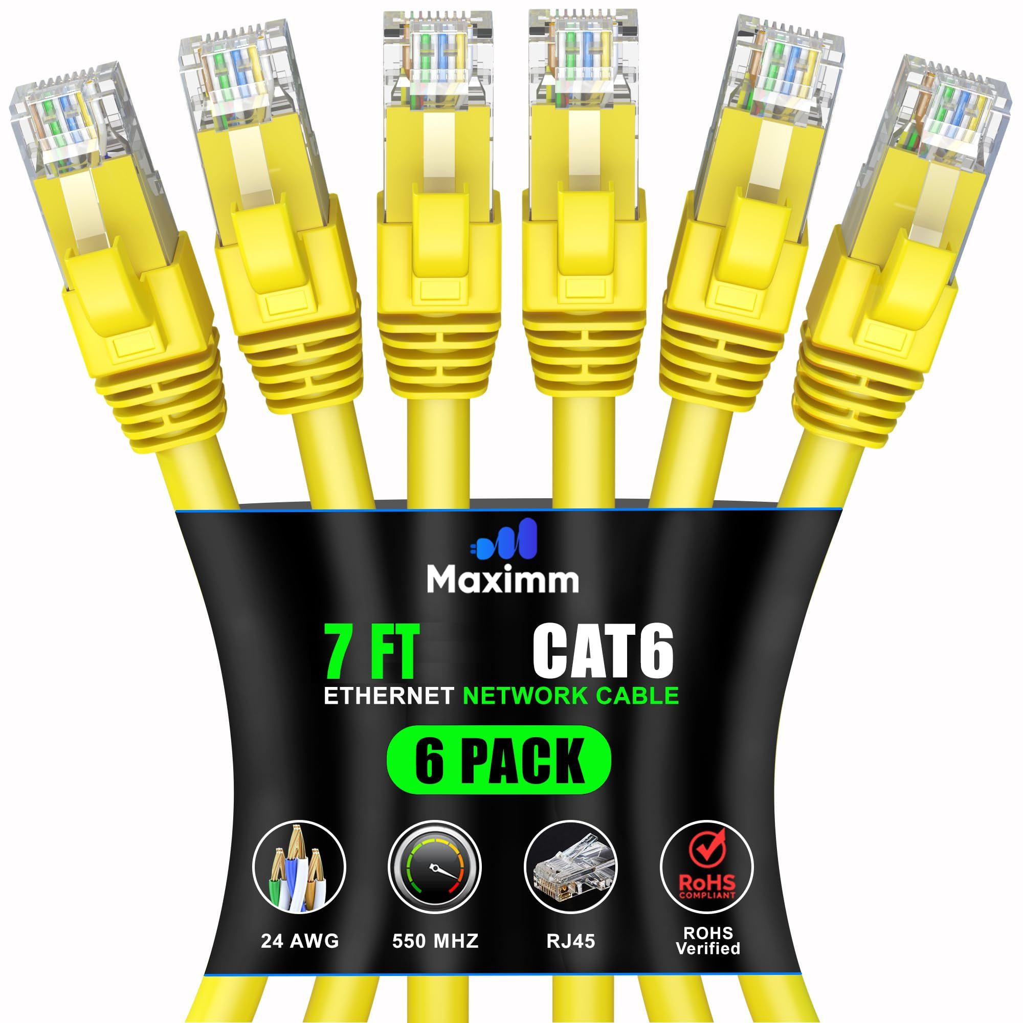 Maximm Cat 6 Ethernet Cable 7ft (6-Pack) - High-Speed 10Gbps LAN & Network Cables - UTP, 550MHz, Yellow