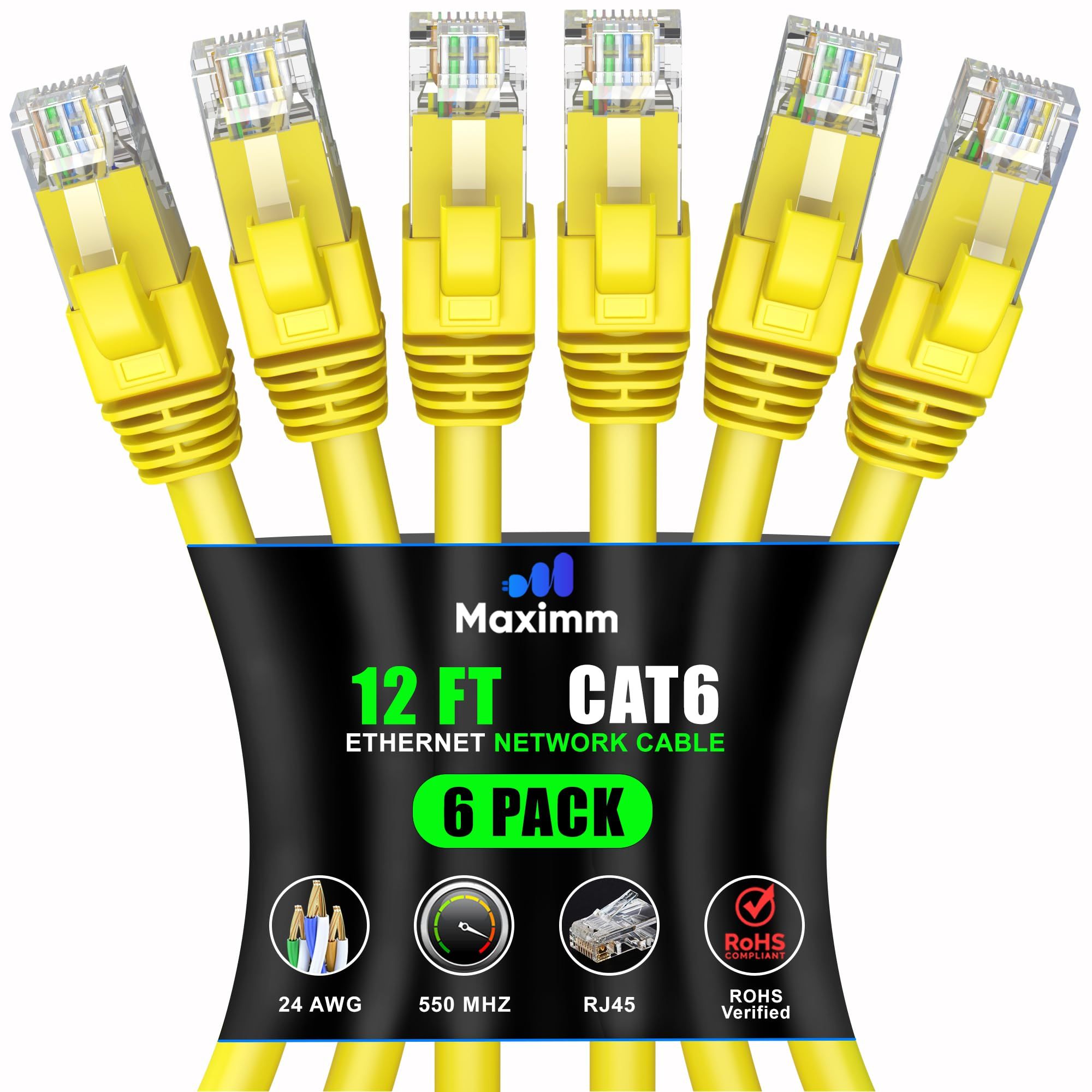 Maximm Cat 6 Ethernet Cable 8ft (6-Pack) - High-Speed 10Gbps LAN & Network Cable - Yellow UTP Patch Cord