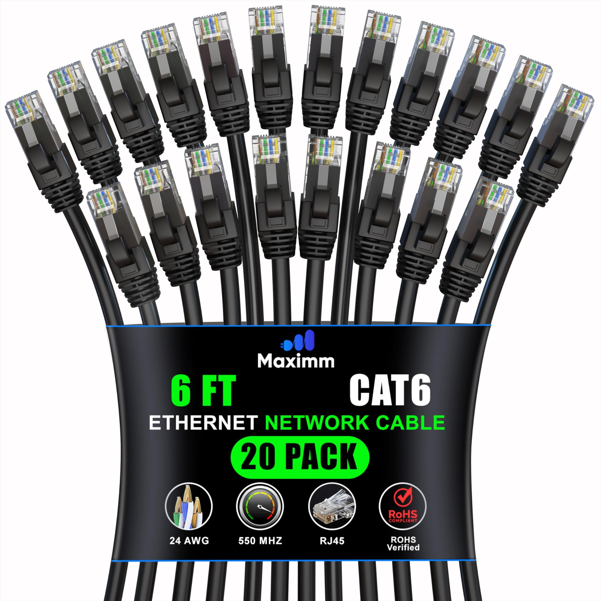 Maximm Cat 6 Ethernet Cable 20 ft (6-Pack) - High-Speed 10Gbps LAN & Network Cables for Fast Internet - UTP, 550MHz, Black
