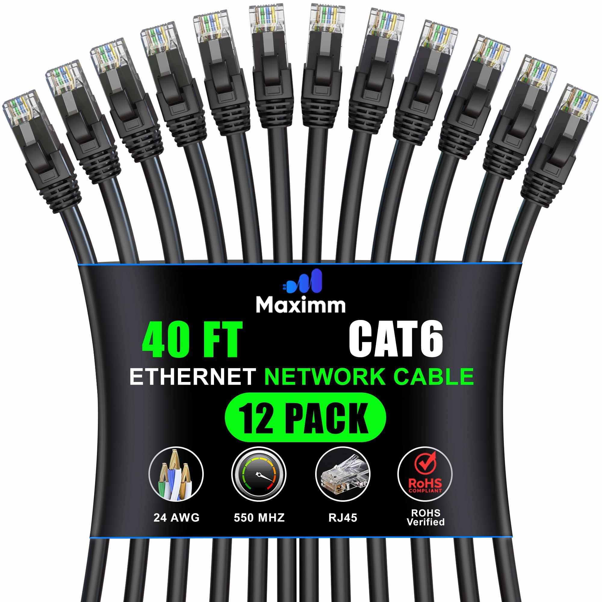 Maximm Cat 6 Ethernet Cable 40ft (12-Pack) - High-Speed 10Gbps LAN & Network Cables for Fast Internet - UTP, 550MHz, Black