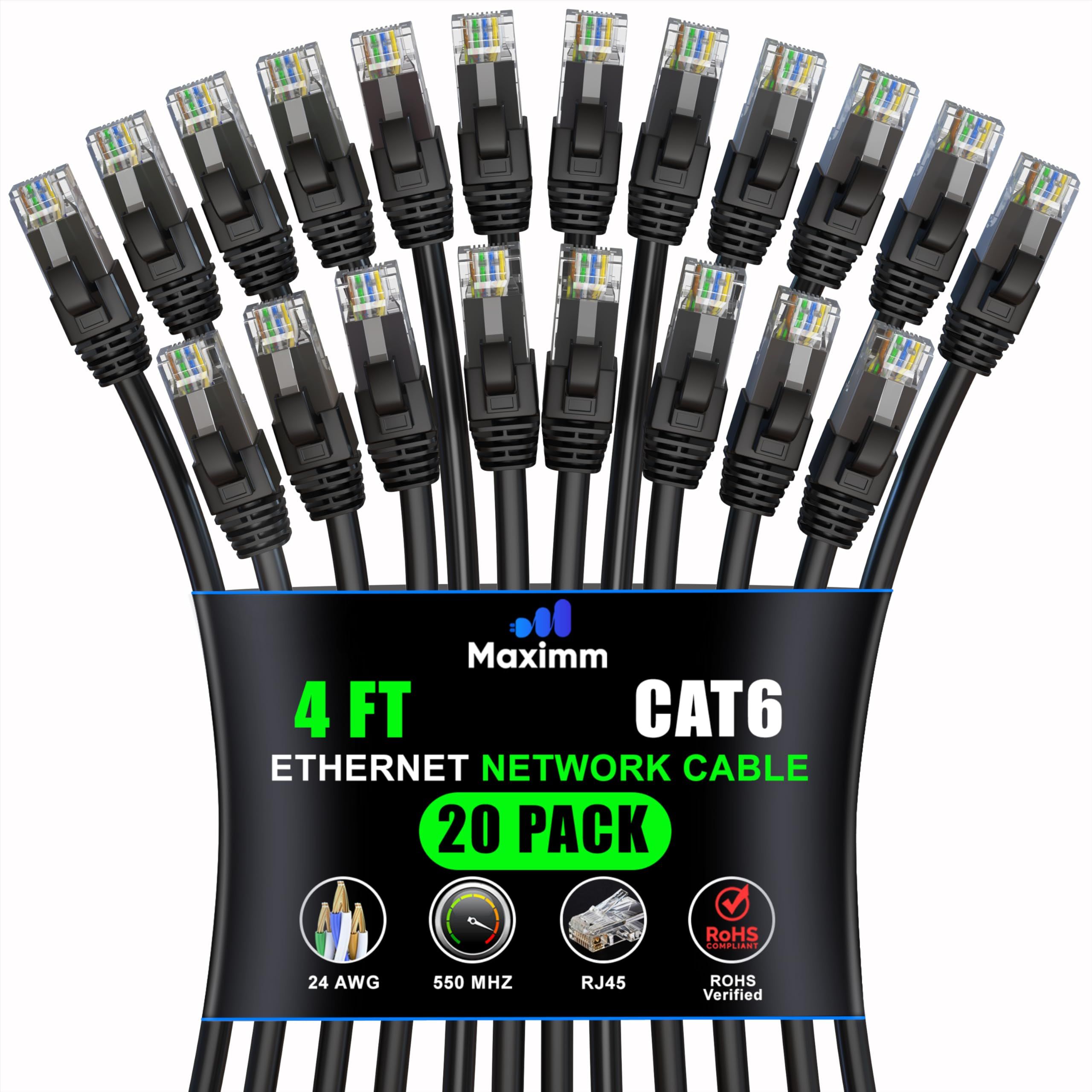 Maximm Cat 6 Ethernet Cable 4ft (20-Pack) - High-Speed 10Gbps LAN & Network Cables - UTP, 550MHz, Black