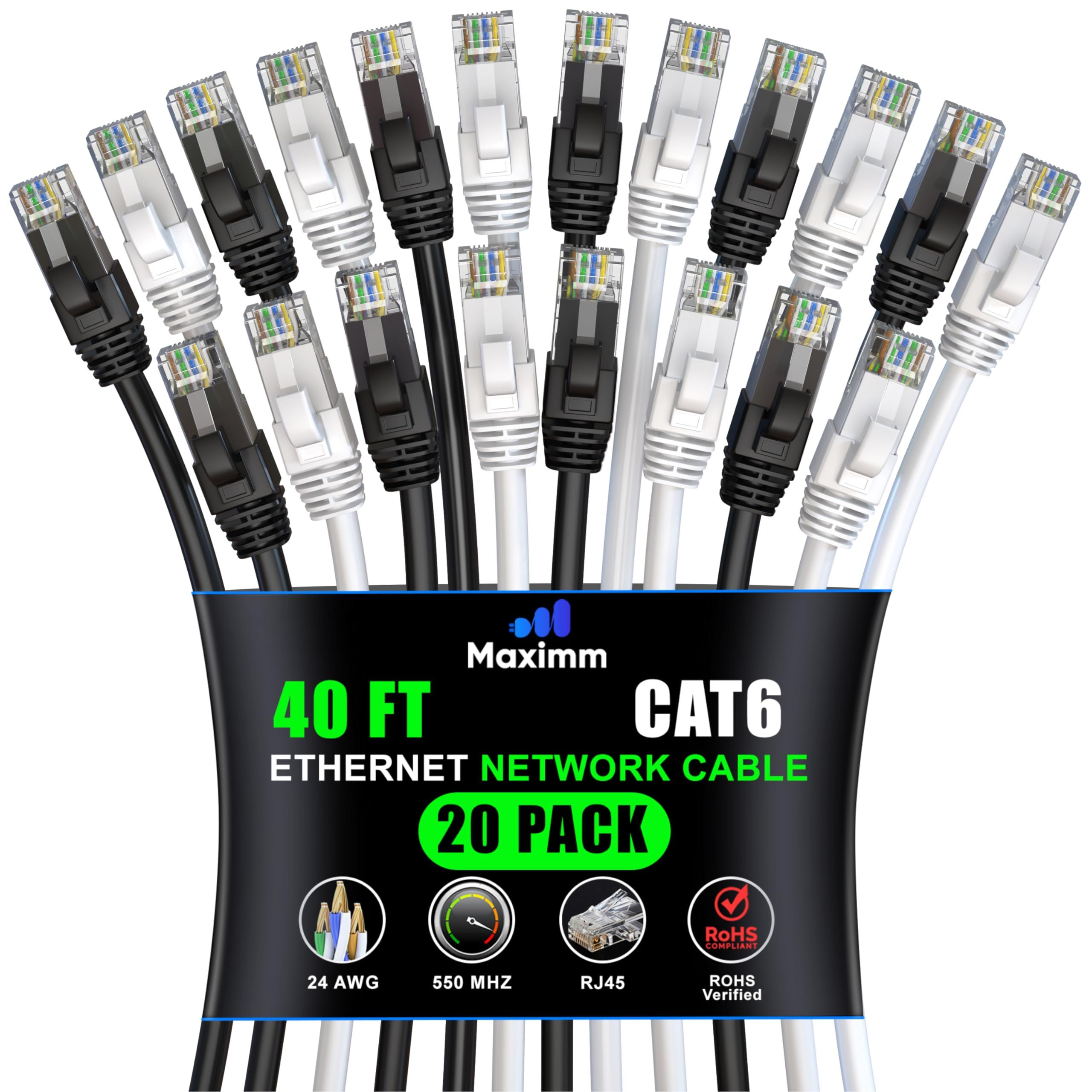 Maximm Cat 6 Ethernet Cable 20ft (12-Pack) - High-Speed 10Gbps LAN & Network Cables - UTP, 550MHz, Multicolor