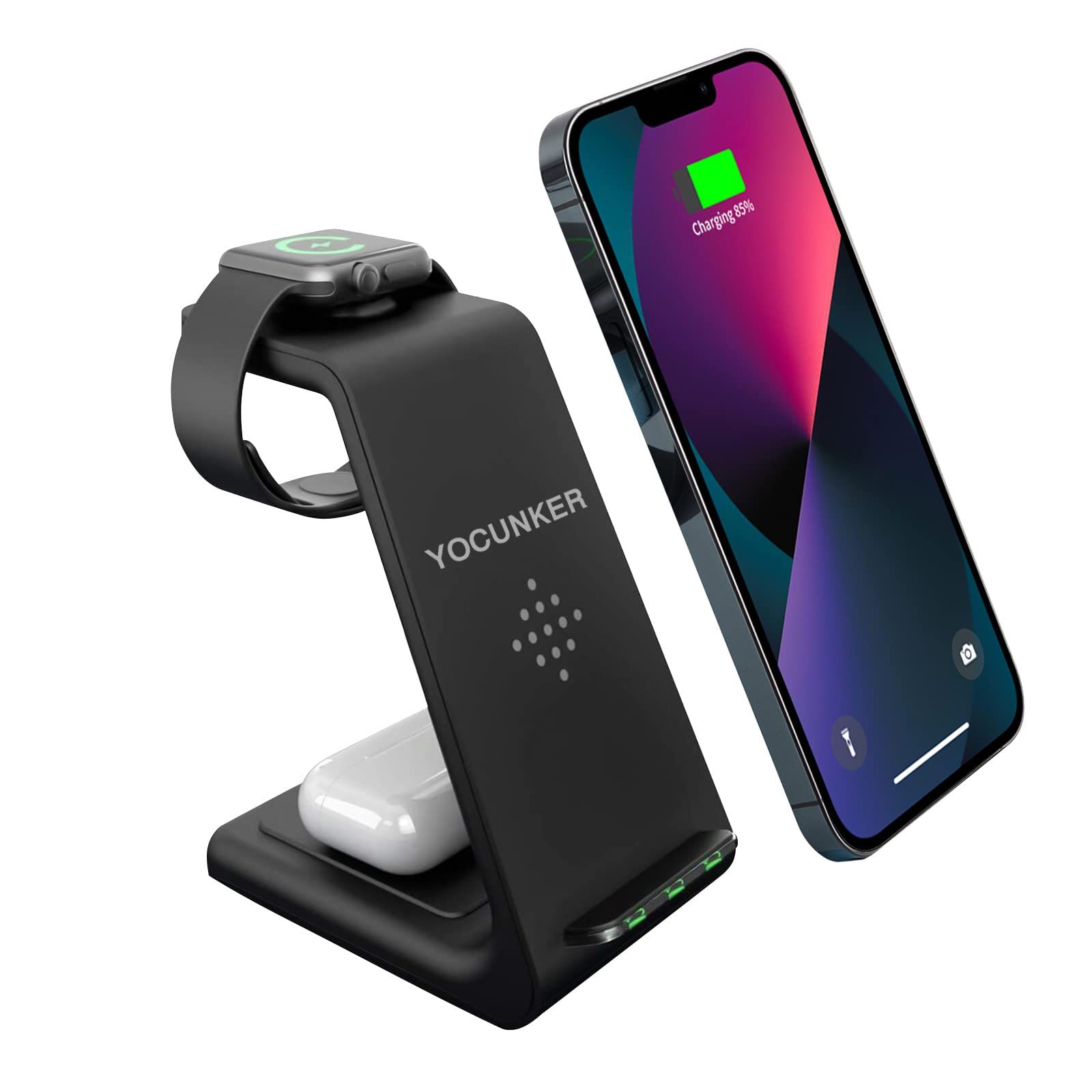 YOCUNKER 3-in-1 Wireless Charger for iPhone, Apple Watch & AirPods - Fast Qi Charging Station (Black)