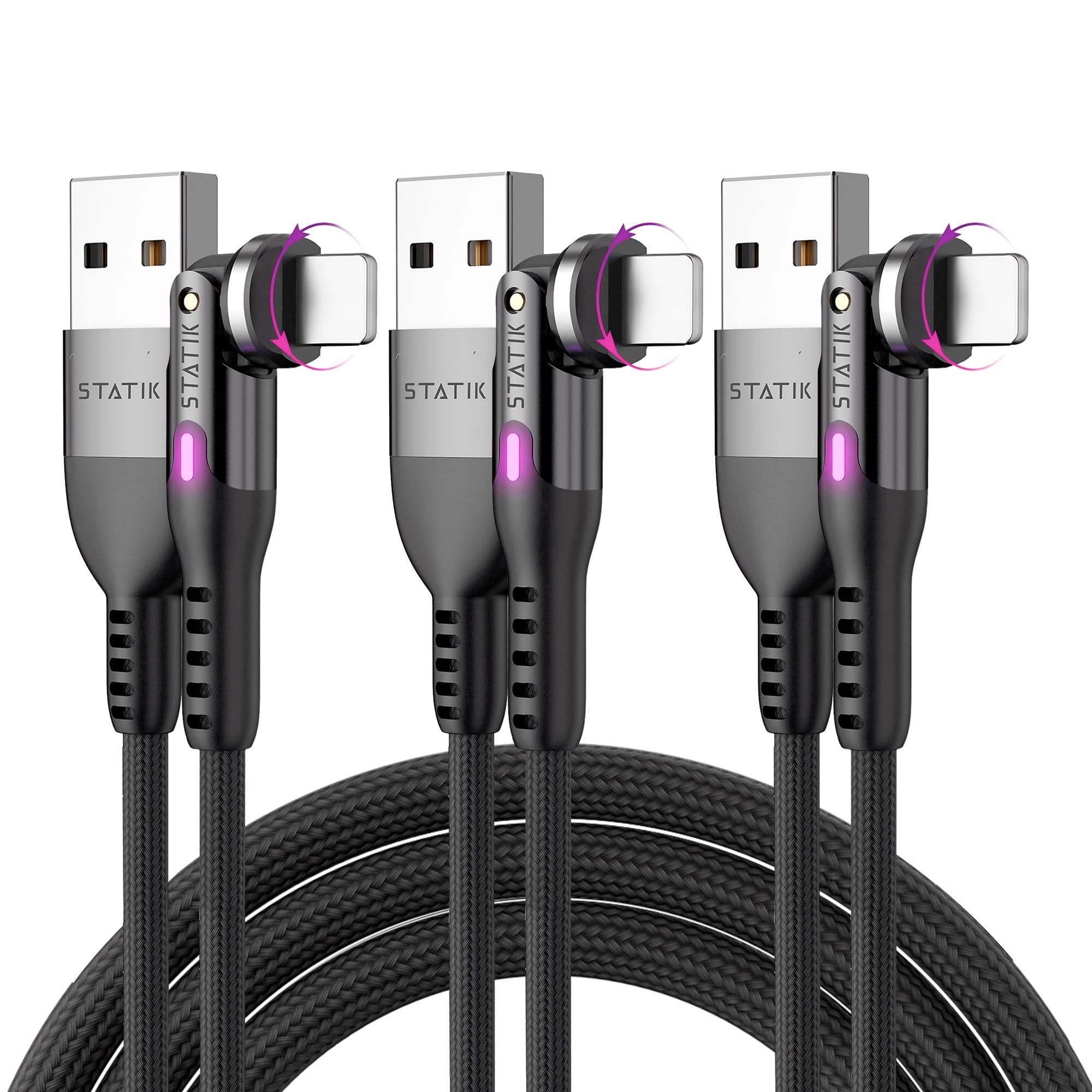 Statik PowerPivot 12W USB to iPhone Compatible Charging Cable - Right Angle Cable with 360 Degree Rotating Head, 90 Degree Swivel, iPhone Compatible Charging Cable & Data Transfer - 3FT/1M 3-Pack