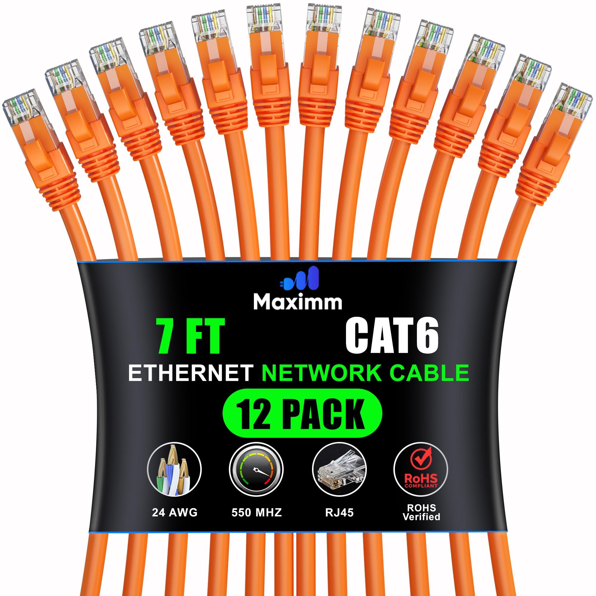 Maximm Cat 6 Ethernet Cable 15 ft (20-Pack) - High-Speed 10Gbps LAN & Network Cables - UTP, 550MHz, Orange