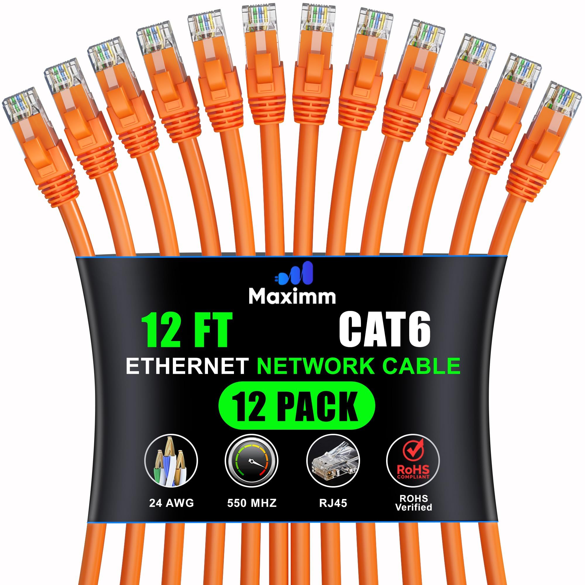 Maximm Cat 6 Ethernet Cable 12 ft (12-Pack) - High-Speed 10Gbps LAN & Network Cable - UTP, 550MHz, Orange