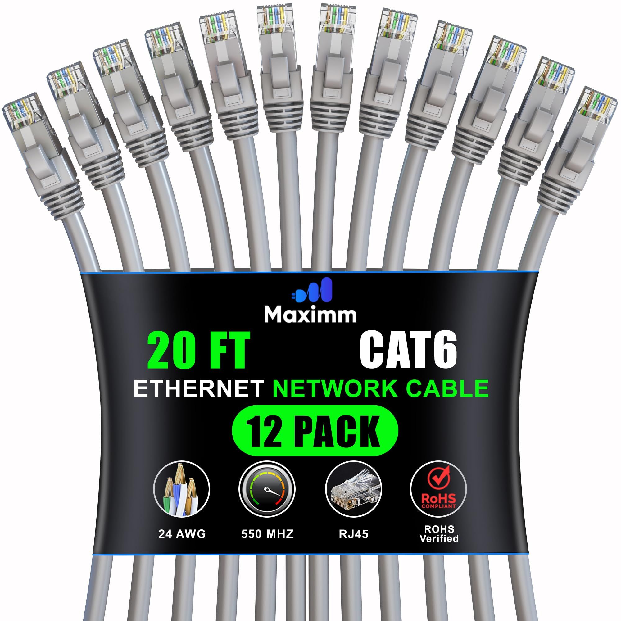 Maximm Cat 6 Ethernet Cable 20 ft (12-Pack) - High-Speed 10Gbps LAN & Network Cables - UTP, 550MHz, Gray