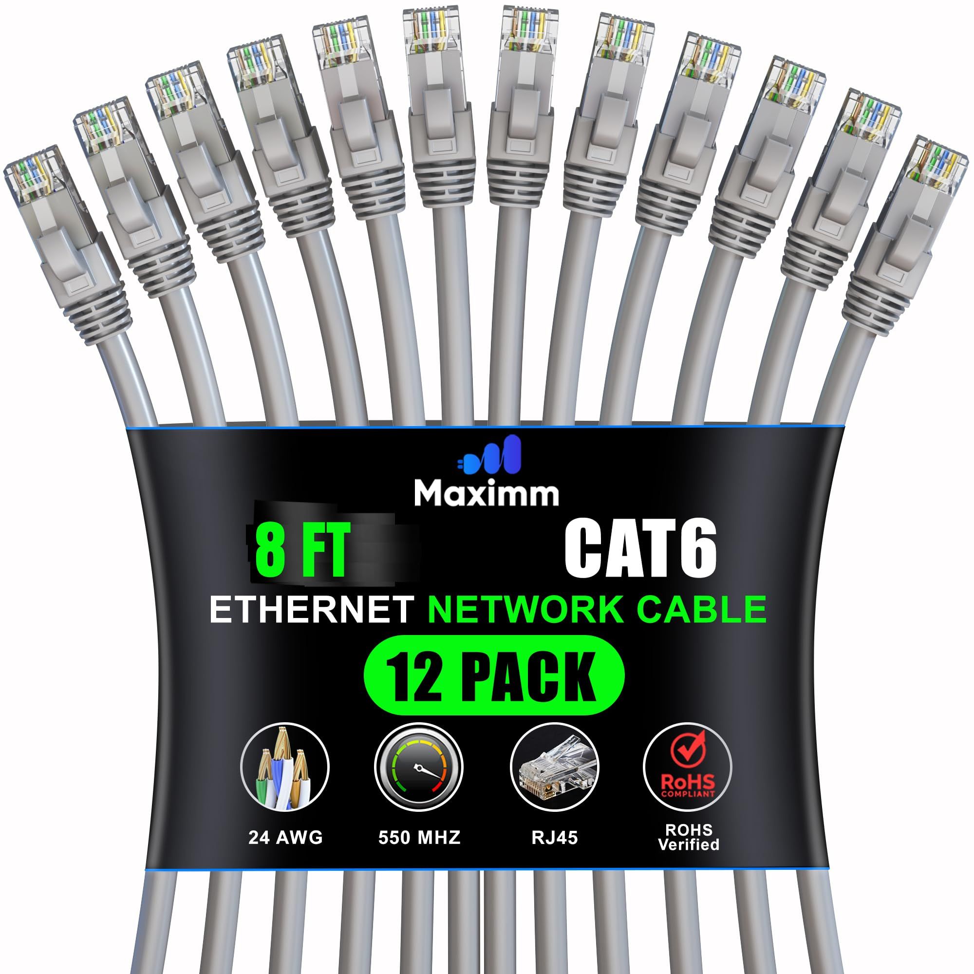Maximm Cat 6 Ethernet Cable 8ft (12-Pack) - High-Speed 10Gbps LAN & Network Cables - UTP, 550MHz, Gray
