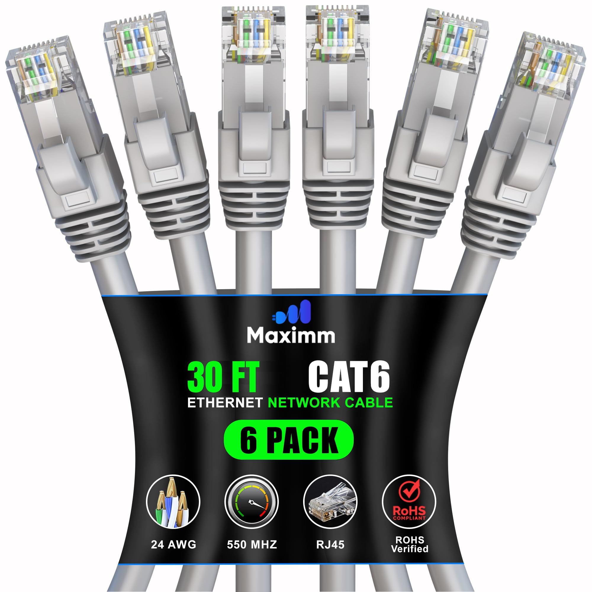 Maximm Cat 6 Ethernet Cable 30ft (6-Pack) - High-Speed 10Gbps LAN & Network Cables - UTP, 550MHz, Gray