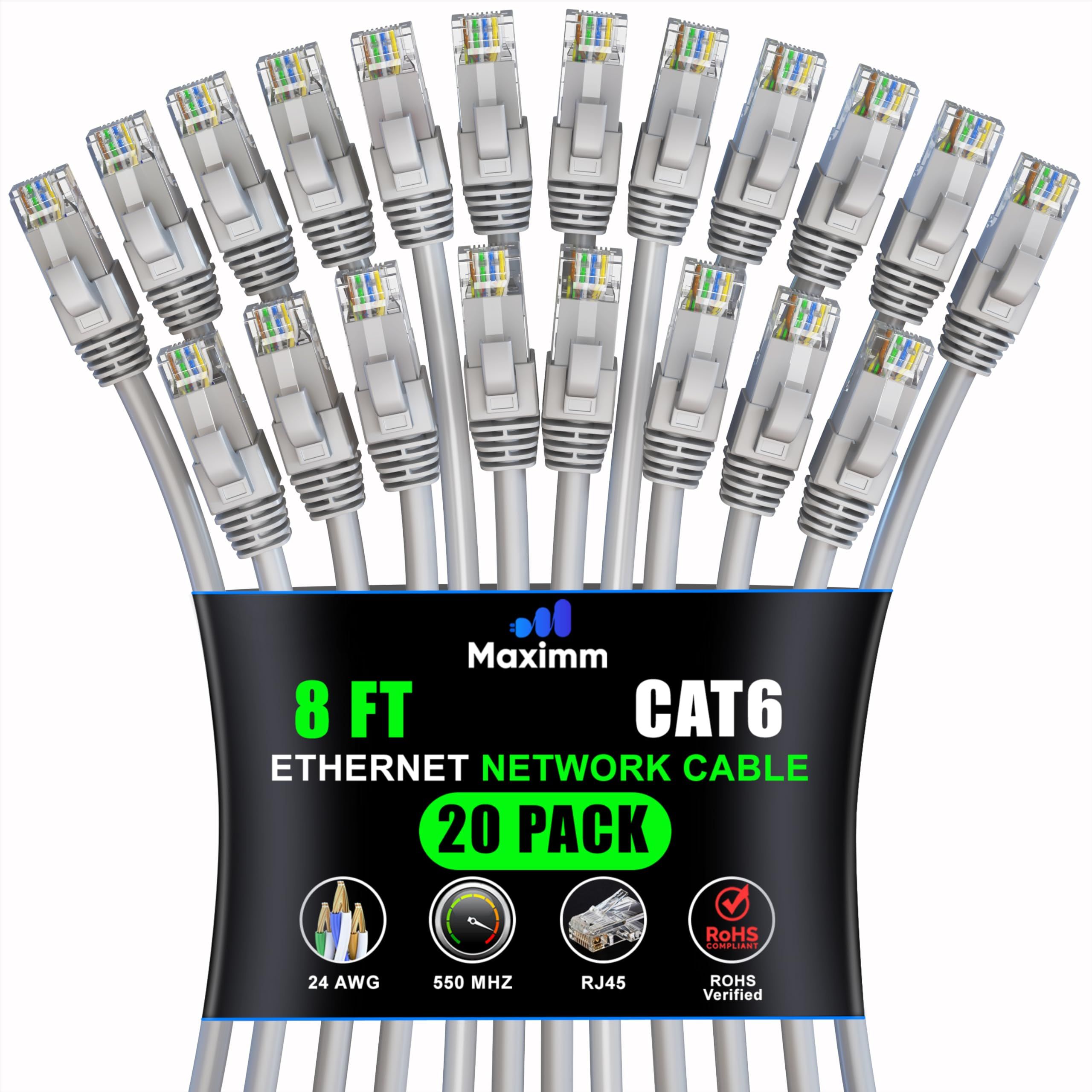 Maximm Cat 6 Ethernet Cable 8ft (20-Pack) - High-Speed 10Gbps LAN & Network Cables - UTP, 550MHz, Gray