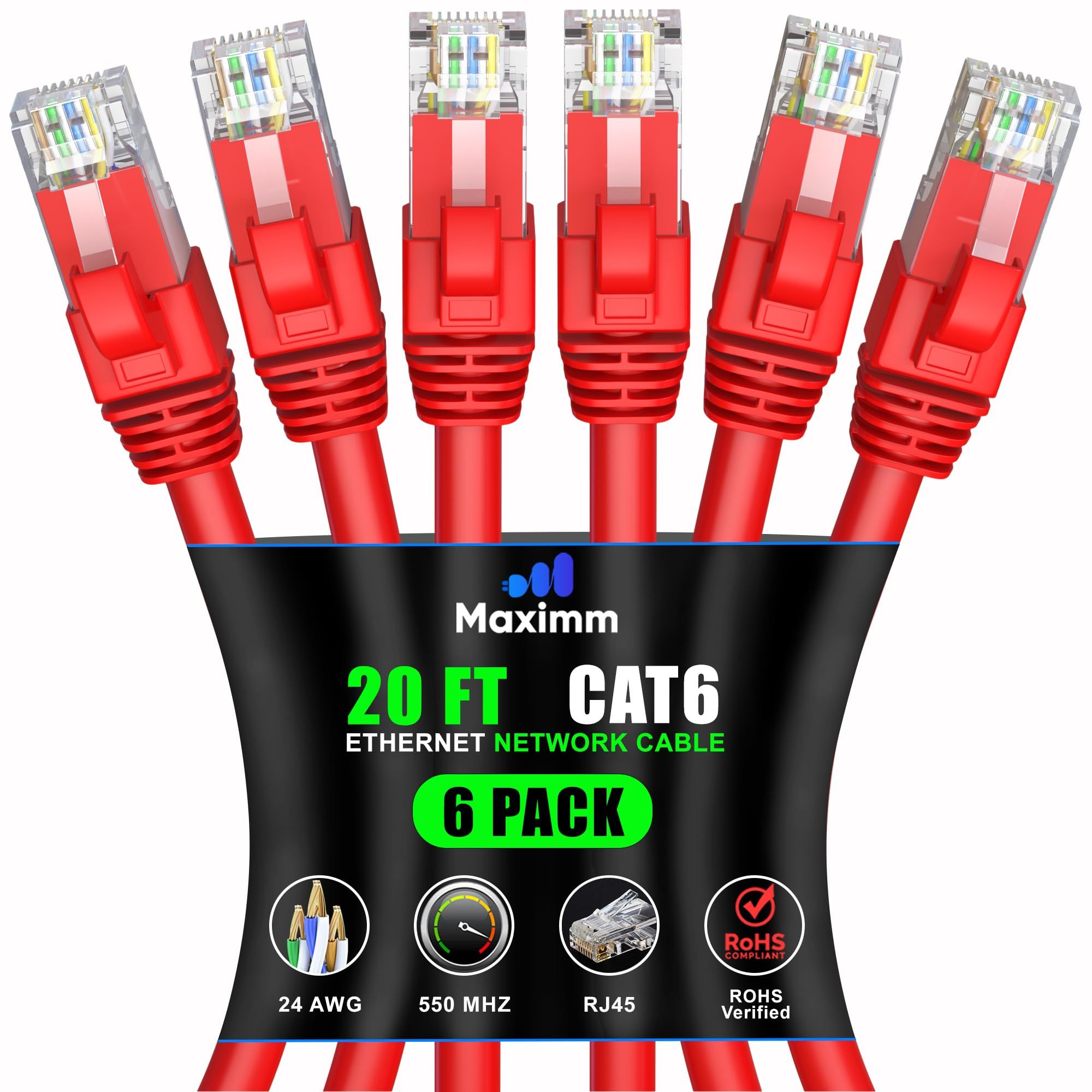 Maximm Cat 6 Ethernet Cable 20ft (6-Pack) - High-Speed 10Gbps LAN & Network Cables - Red UTP Patch Cord