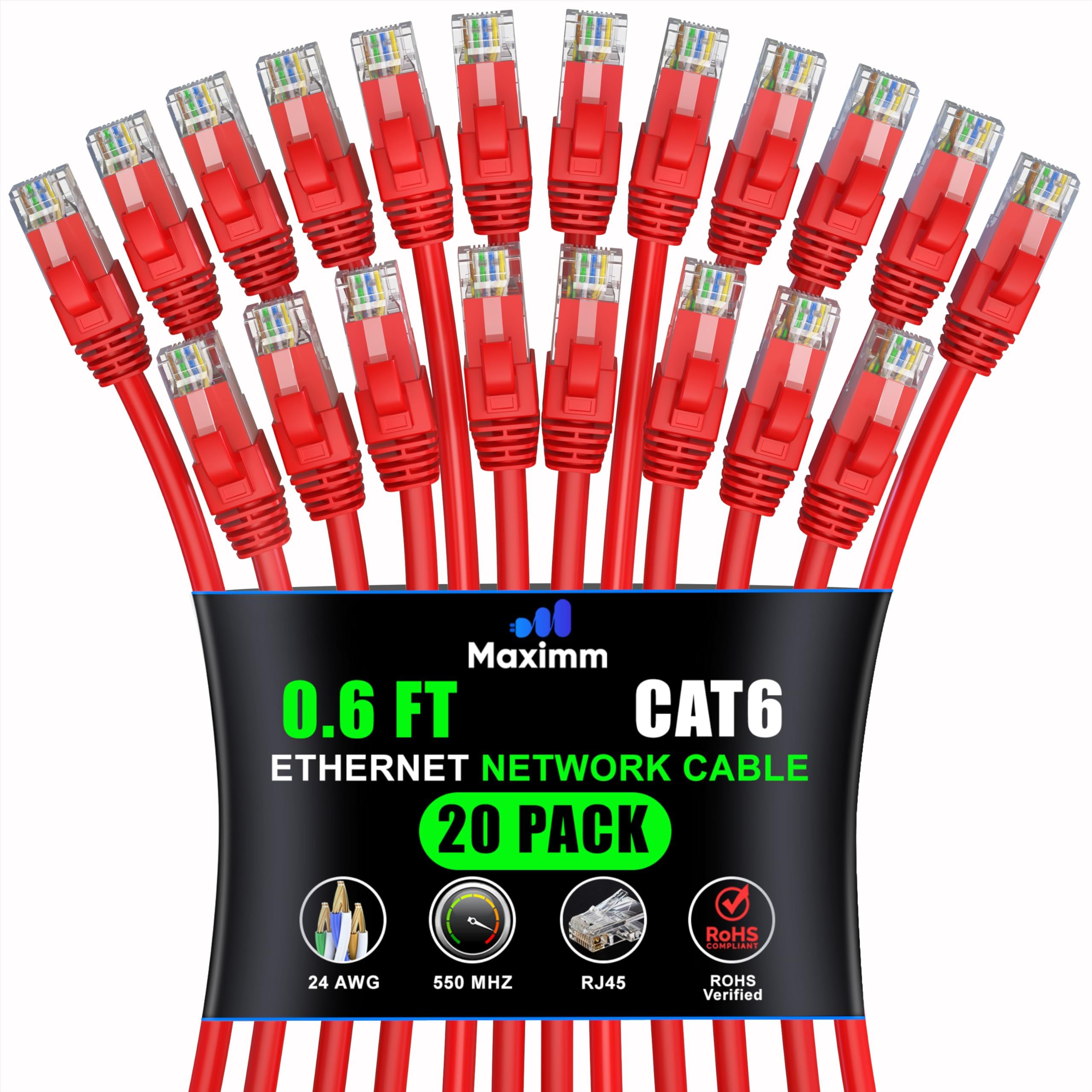Maximm Cat 6 Ethernet Cable 0.6 ft (20-Pack) - High-Speed 10Gbps LAN & Network Cables in Red
