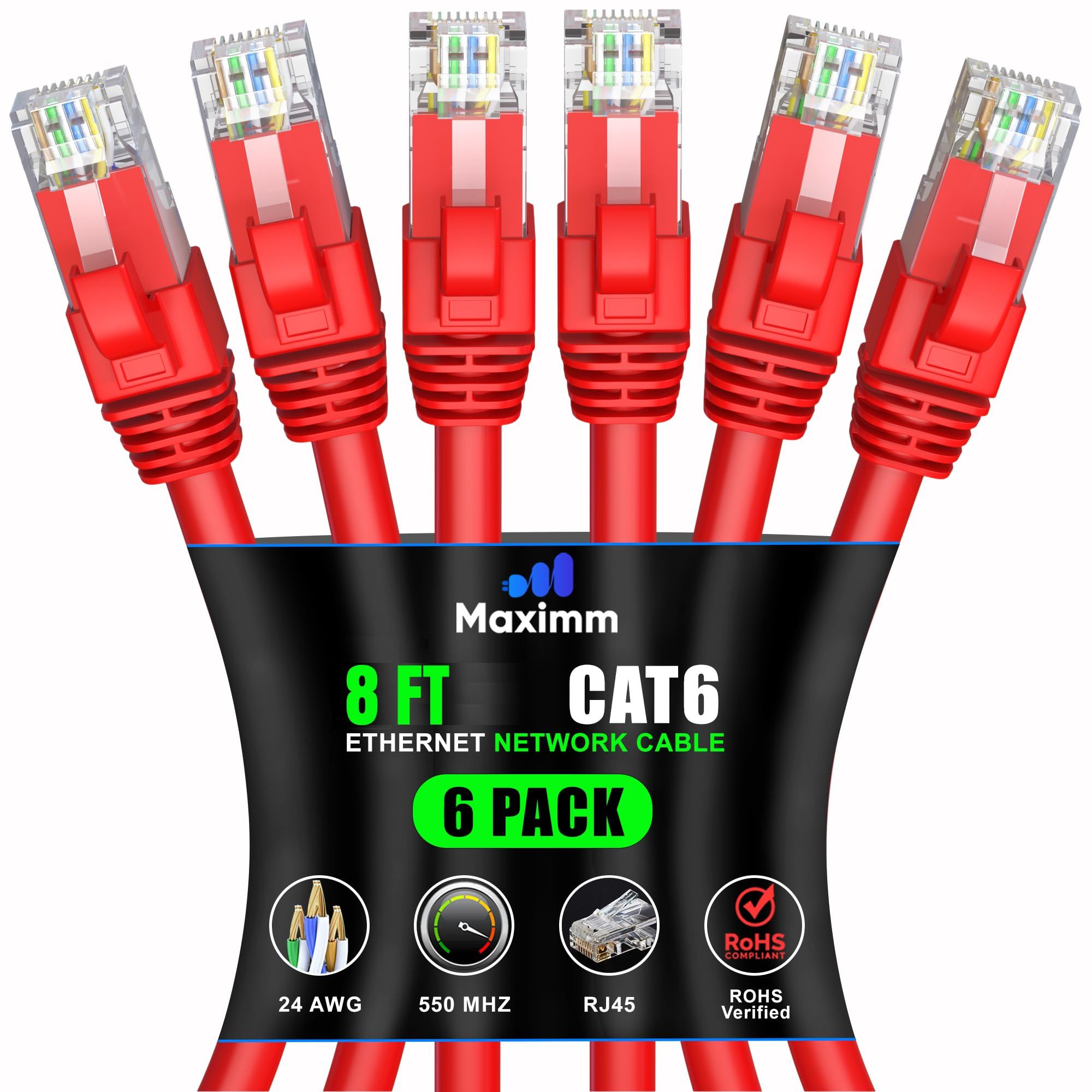 Maximm Cat 6 Ethernet Cable 8ft (6-Pack) - High-Speed 10Gbps LAN & Network Cable - Red UTP Patch Cord