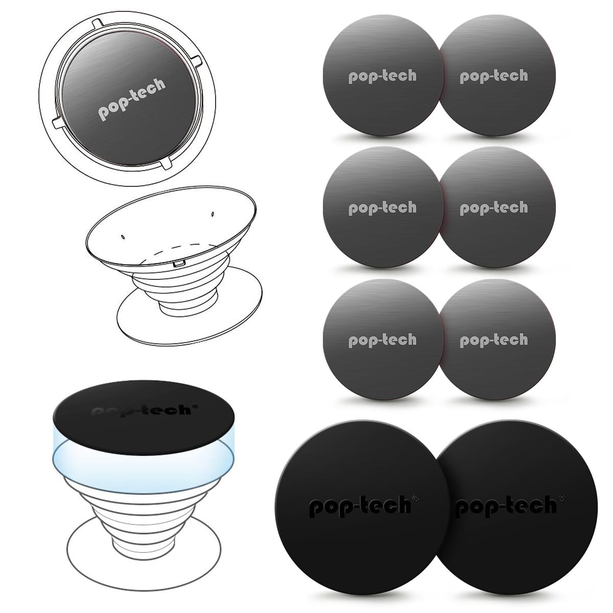 8-Pack Metal Phone Magnet Plates for Magic Mounts - Adhesive Disc for Car Holders & Grips - Round Design for Dashboard & Vent