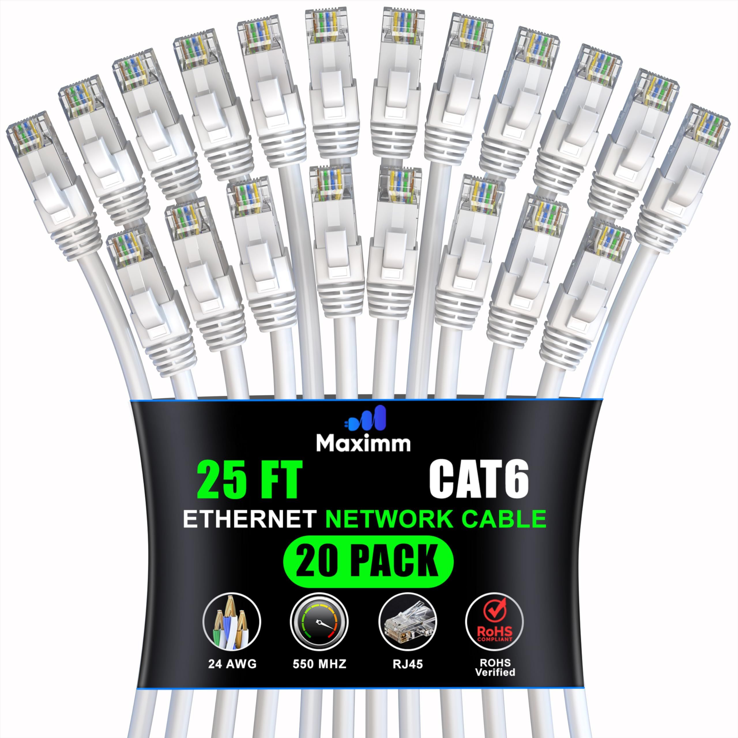 Maximm Cat 6 Ethernet Cable 25 ft (20-Pack) - High-Speed 10Gbps LAN & Network Cables - UTP, 550MHz, White