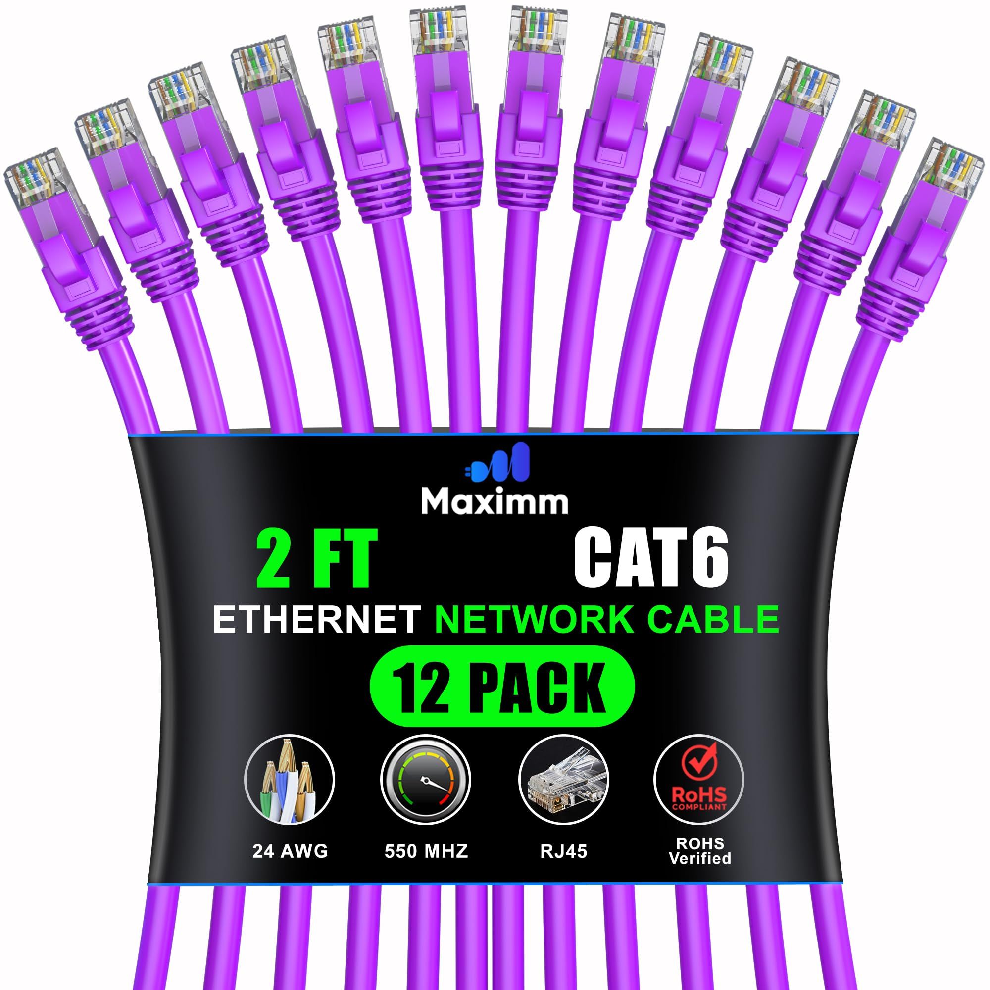 Maximm Cat 6 Ethernet Cable 2ft (12-Pack) - High-Speed 10Gbps Network Cable, UTP, 550MHz - Purple Patch Cord