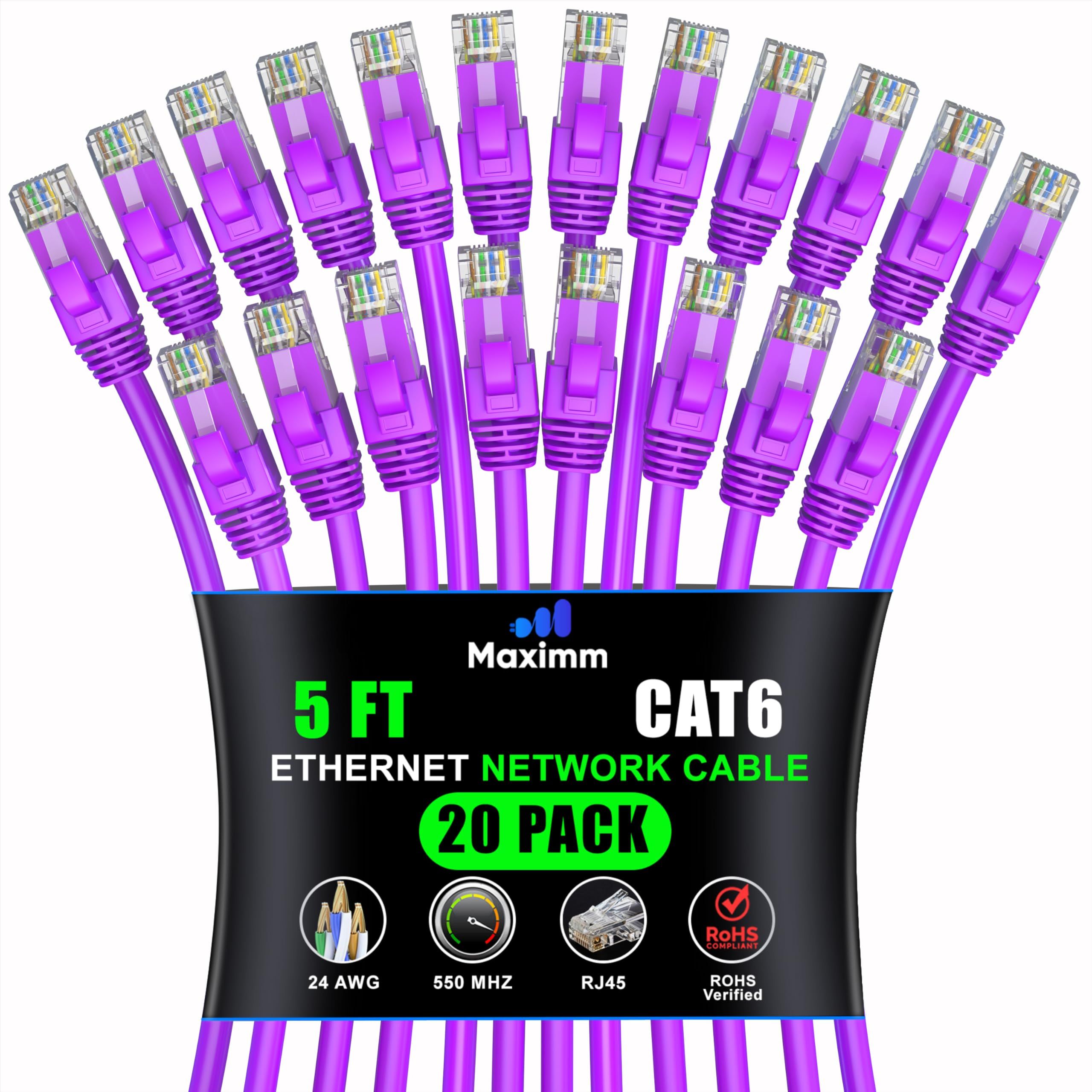 Maximm Cat 6 Ethernet Cable 5ft (20-Pack) - High-Speed 10Gbps Network Cable, UTP, 550MHz - Purple Patch Cord
