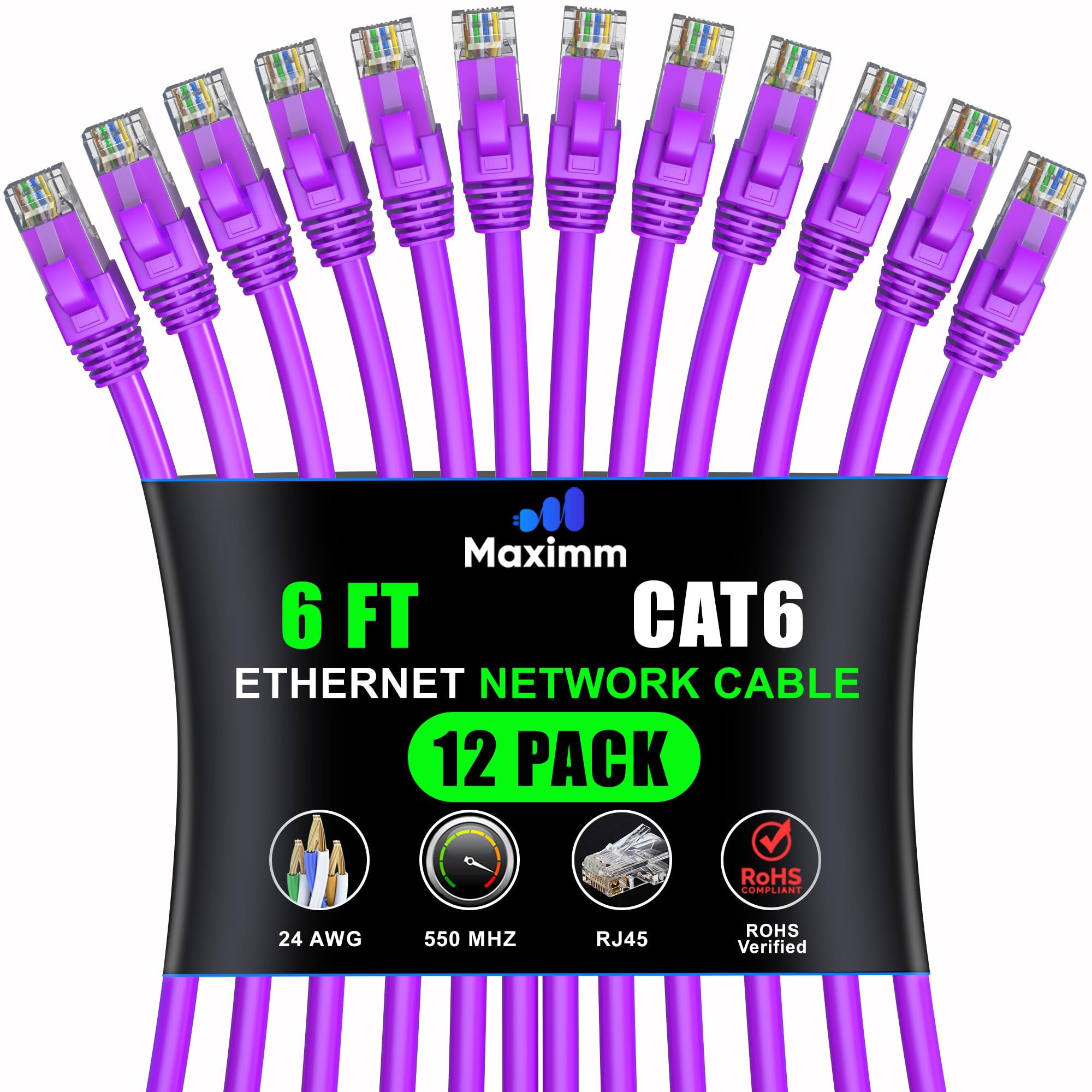 Maximm Cat 6 Ethernet Cable 6ft (12-Pack) - High-Speed 10Gbps LAN & Network Cable - Purple UTP Patch Cord