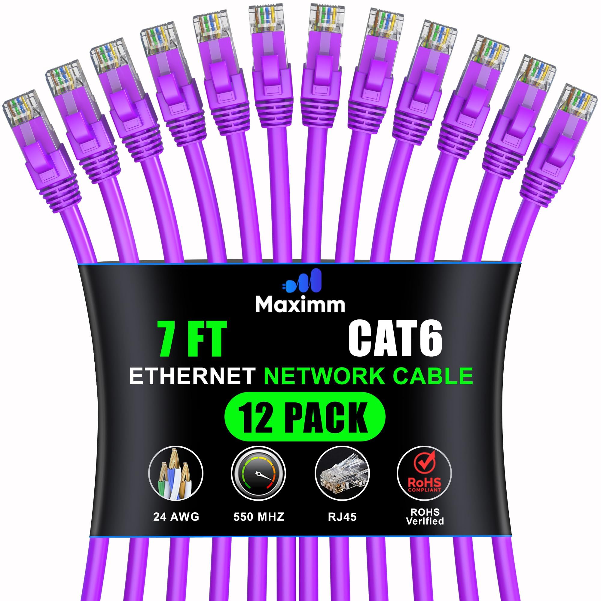 Maximm Cat 6 Ethernet Cable 15 ft (20-Pack) - High-Speed 10Gbps Network Cable, UTP, 550MHz - Purple Patch Cable for Fast Internet
