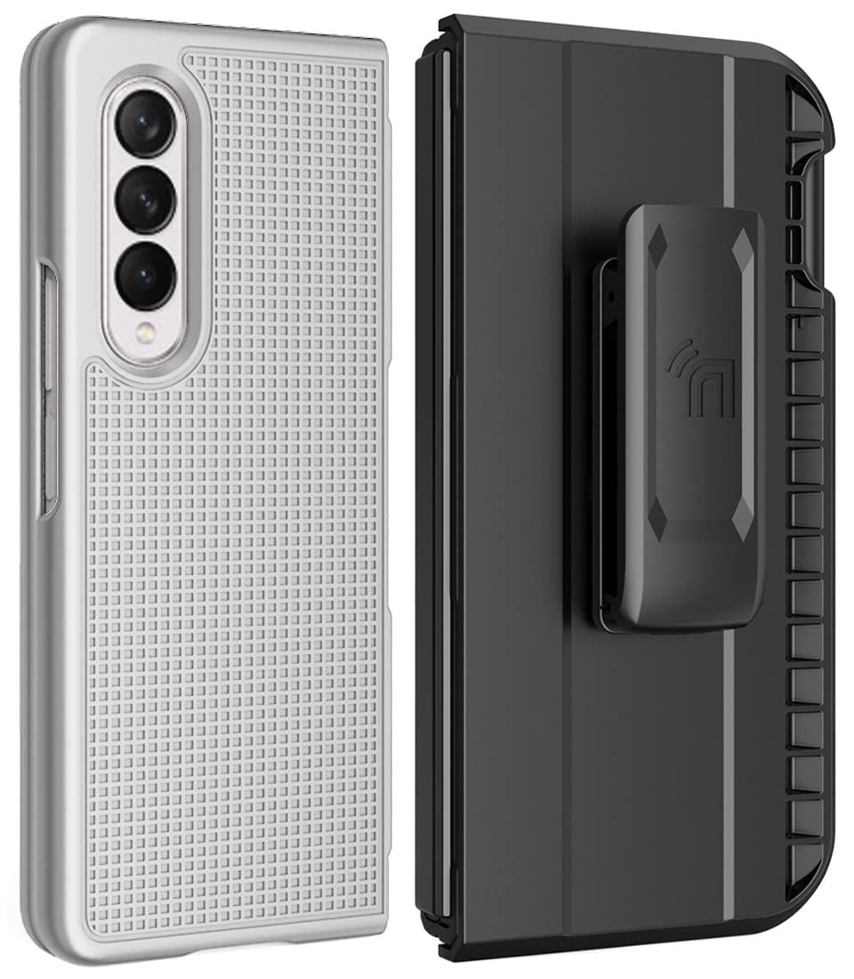 Galaxy Z Fold 3 Case with Clip & S Pen Slot - Slim Hard Cover & Rotating Belt Holster Combo - Pearl White