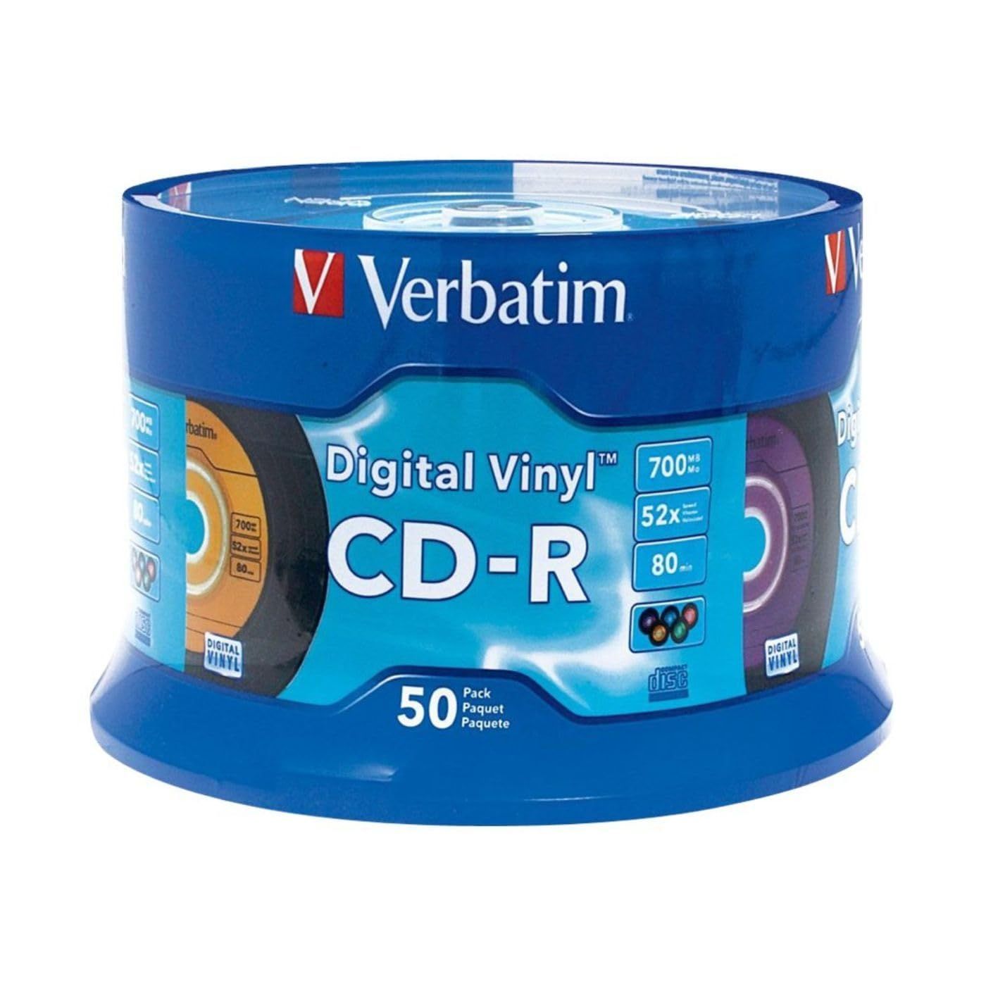 Verbatim CD-R Blank Discs 700MB 80min 52X - 50pk Spindle for Data & Music - Colorful Digital Vinyl Surface