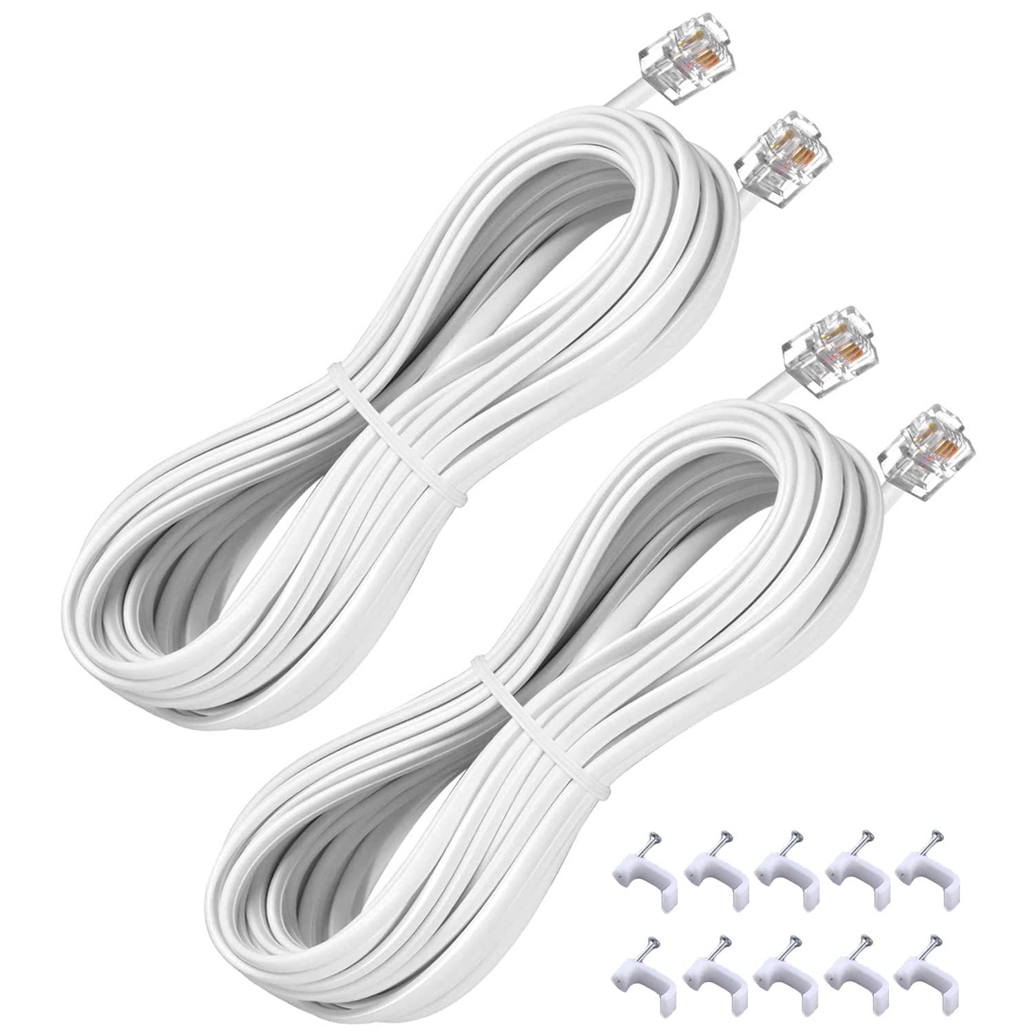 YIENFBEV 25FT Telephone Extension Cord - 2 Pack RJ11 Landline Cable with Clips - White