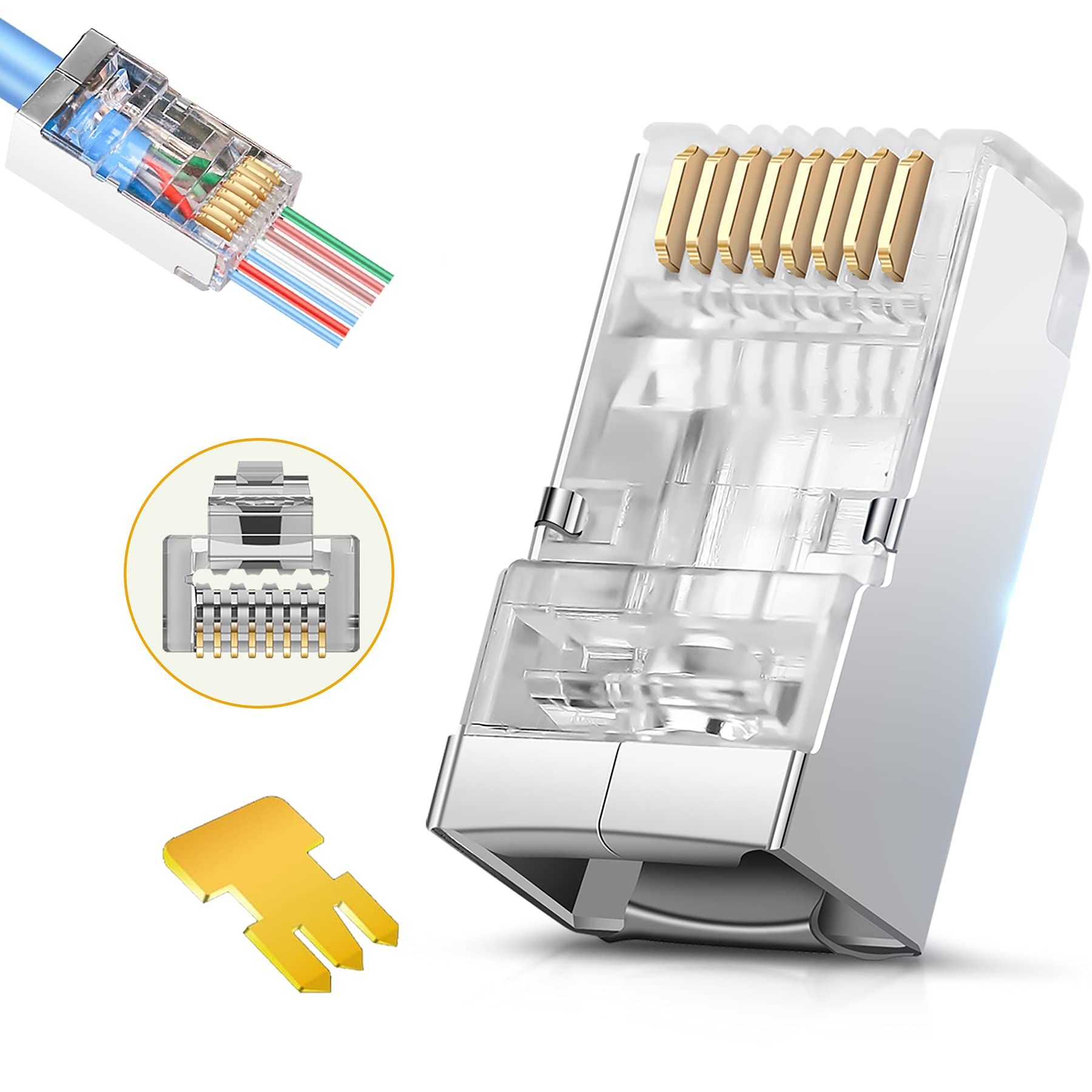 JODROAD Gold Plated RJ45 Cat6 & Cat6A Connectors - 50 Pass-Through Modular Plugs for Ethernet Cables