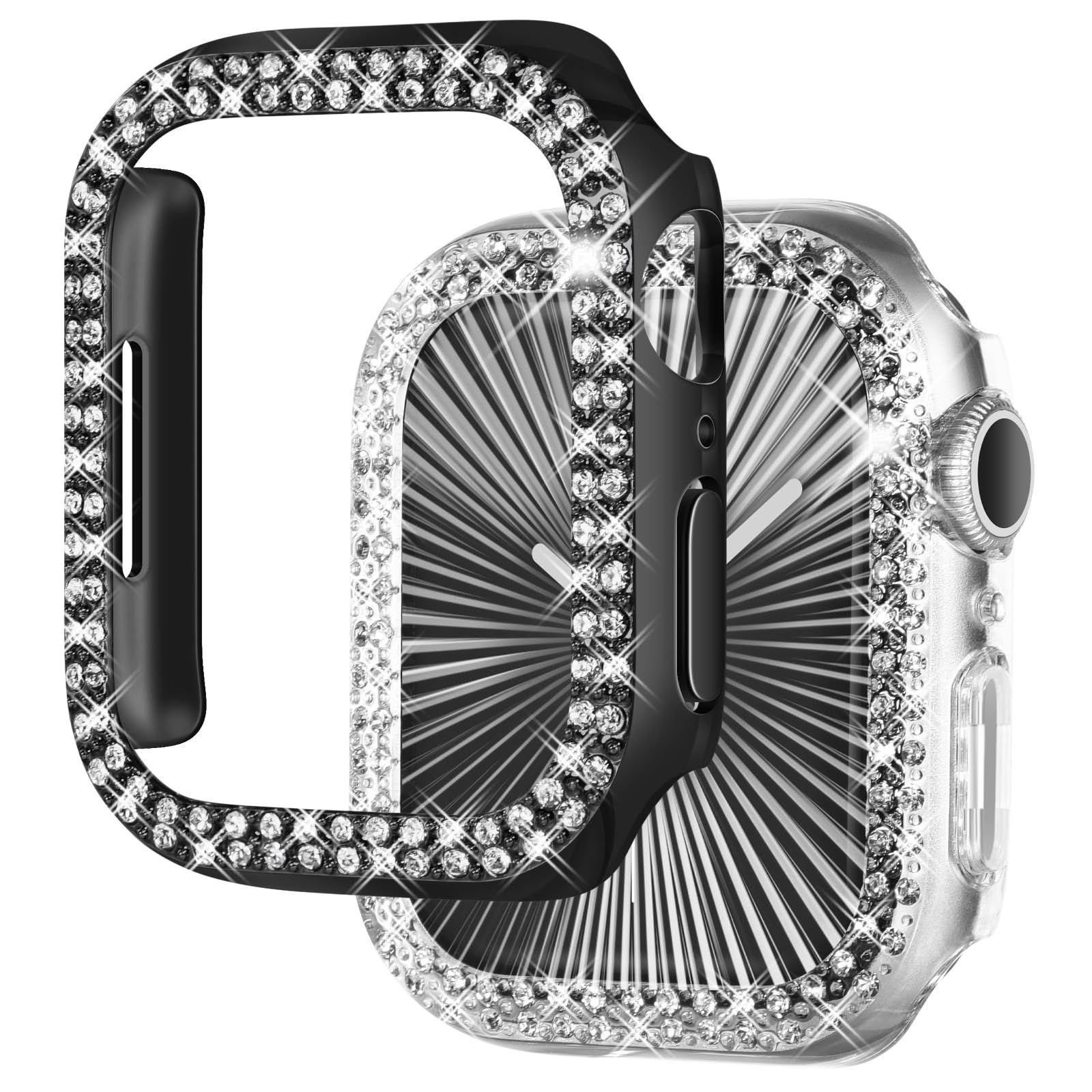 NewWays 2-Pack Bling Apple Watch Cases 42mm - Stylish Protective Bumper for Series 1/2/3 (Black/Clear)