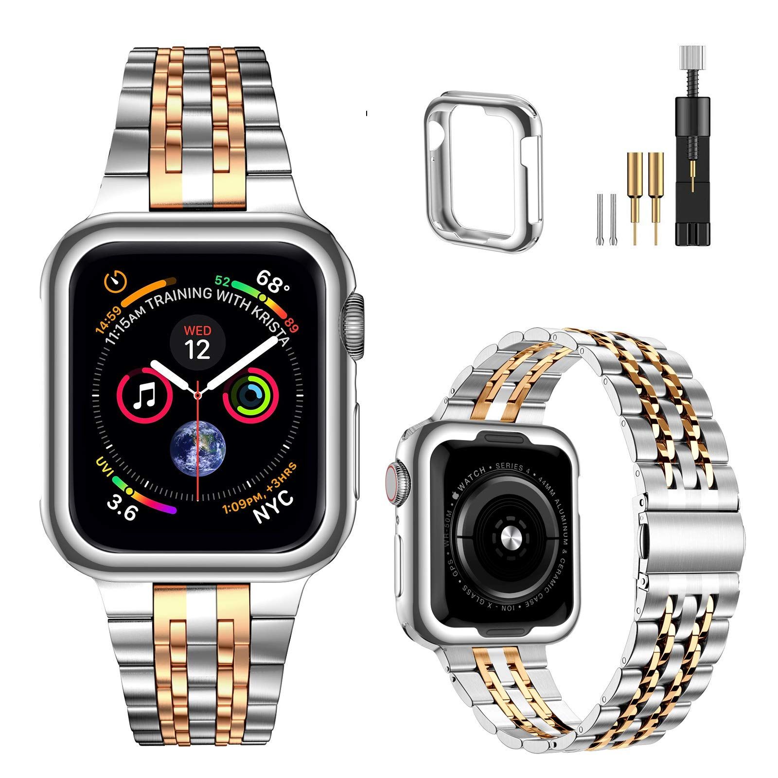 MioHHR Stainless Steel Apple Watch Band 44mm/42mm - Compatible with Series 1-6, SE - Silver/Rose Gold Metal Strap