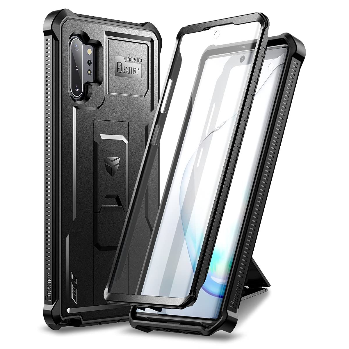 Dexnor Galaxy Note 10+ Case: Heavy Duty, Shockproof, Built-in Screen Protector & Kickstand - Black