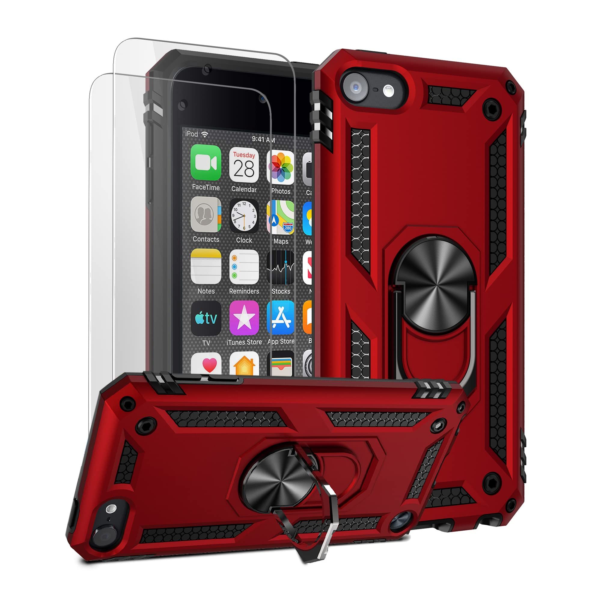 ULAK iPod Touch 7/6/5 Case with Kickstand & 2 HD Screen Protectors - Rugged Shockproof Cover (Red)