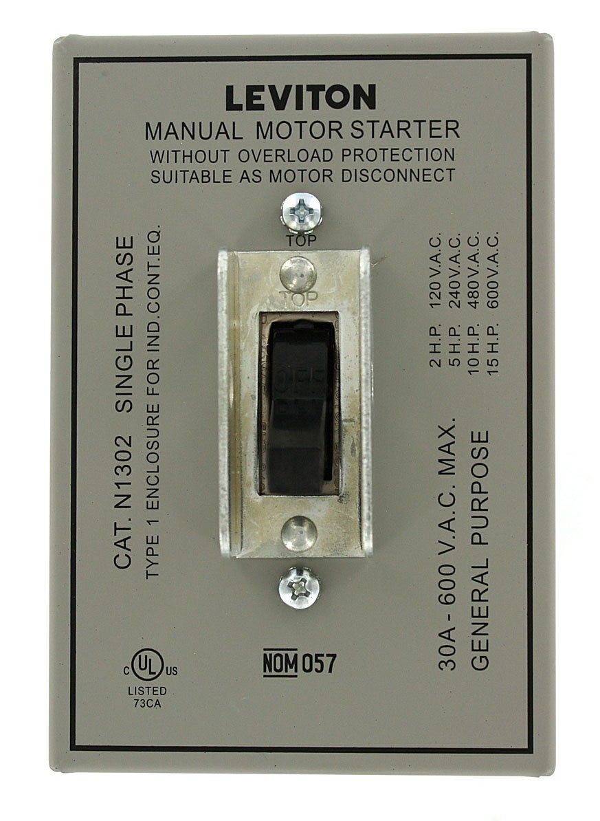 Leviton N1302-DS 30 Amp Double-Pole AC Motor Starter - Industrial Grade, 600V Toggle Disconnect