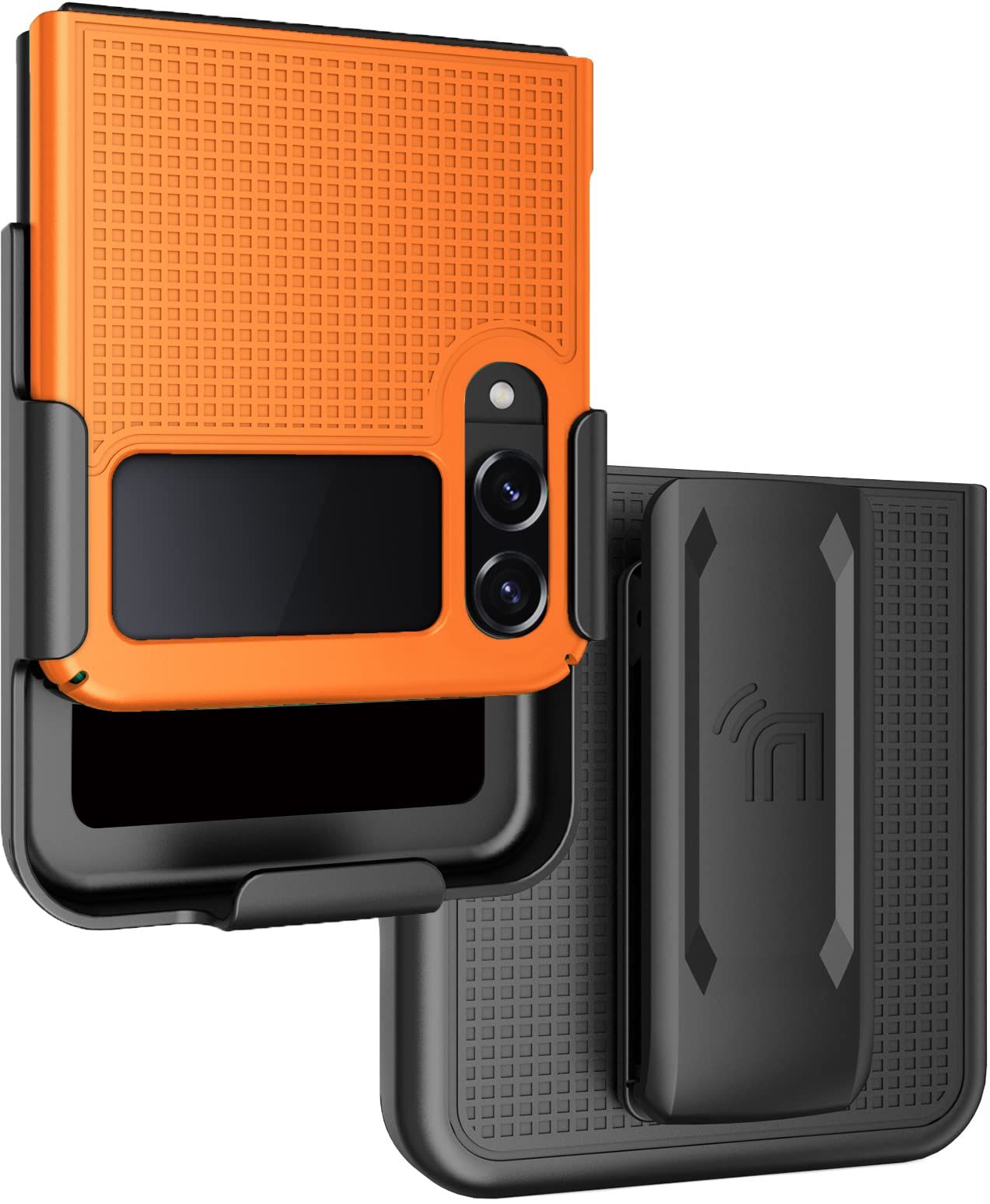 Galaxy Z Flip 4 Case with Clip - Slim Hard Shell & Rotating Belt Holster Combo in Bright Orange