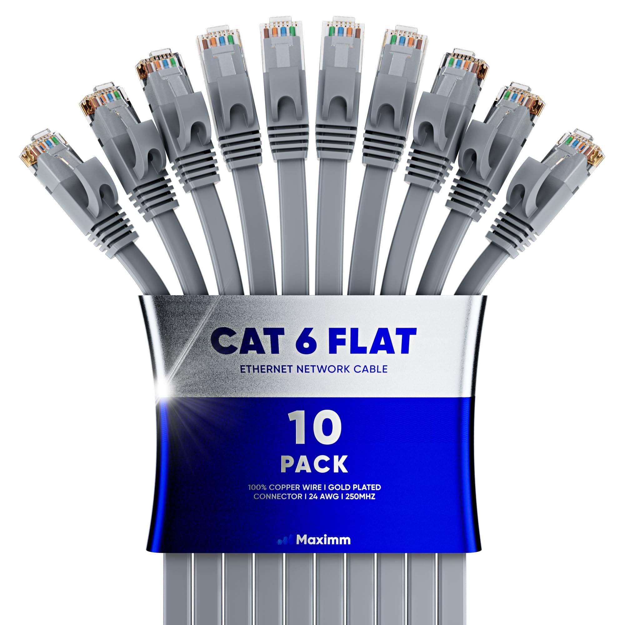 15ft Cat 6 Ethernet Cable - Flat Design, High-Speed LAN Patch Cable for Gaming & Streaming - 10 Pack, Gray