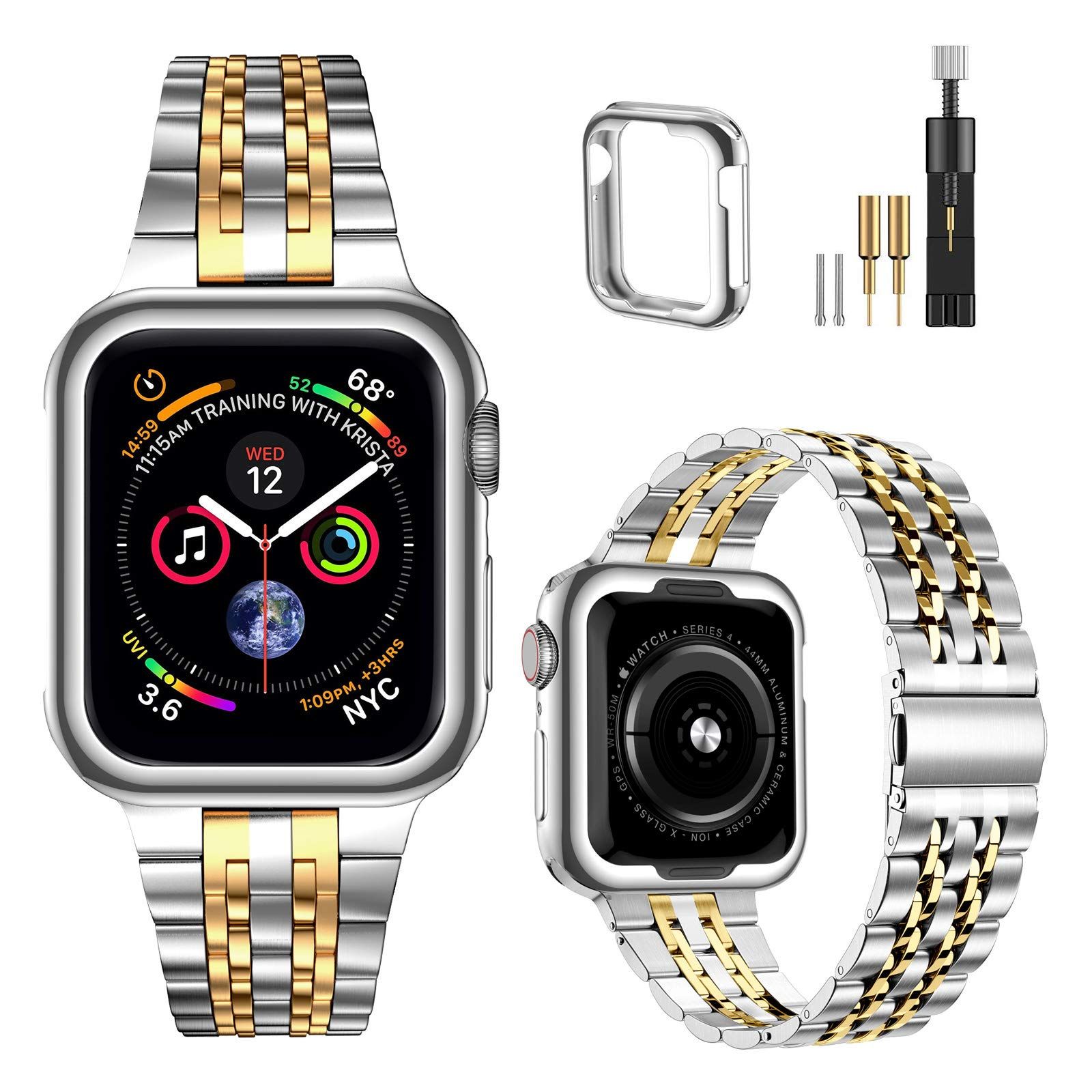 MioHHR Stainless Steel Apple Watch Band 44mm/42mm - Compatible with Series 1-6 & SE, Silver/Gold Metal Strap